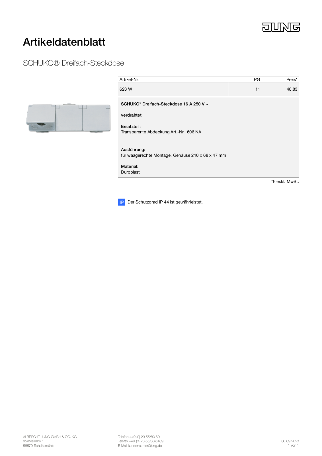 Jung 623 W Technical data