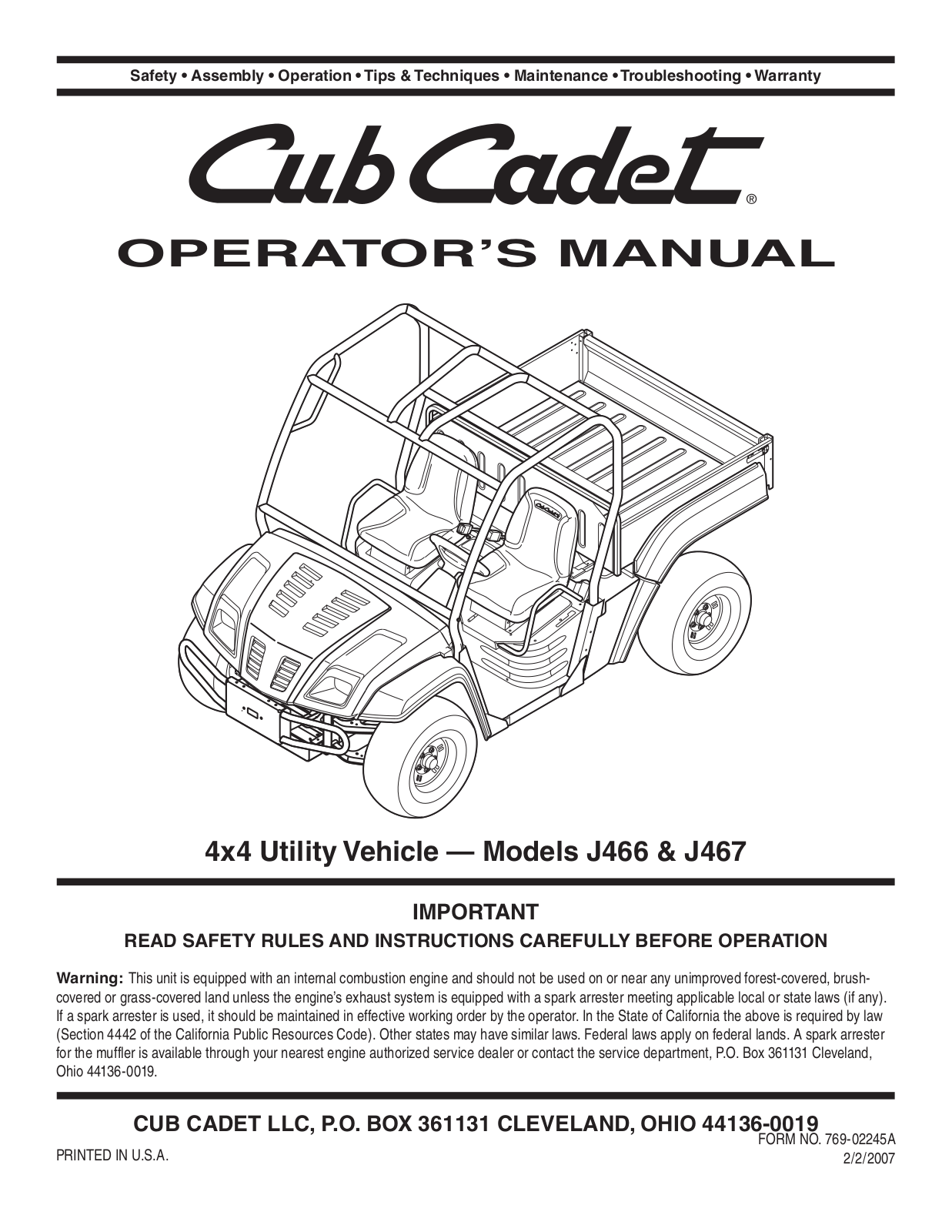 Cub Cadet J467 User Manual