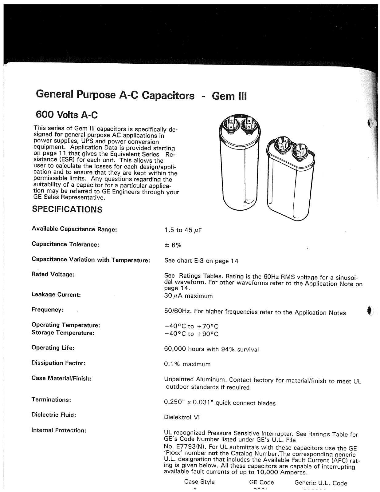 GE Capacitor General Purpose A-C Capacitors Catalog Page