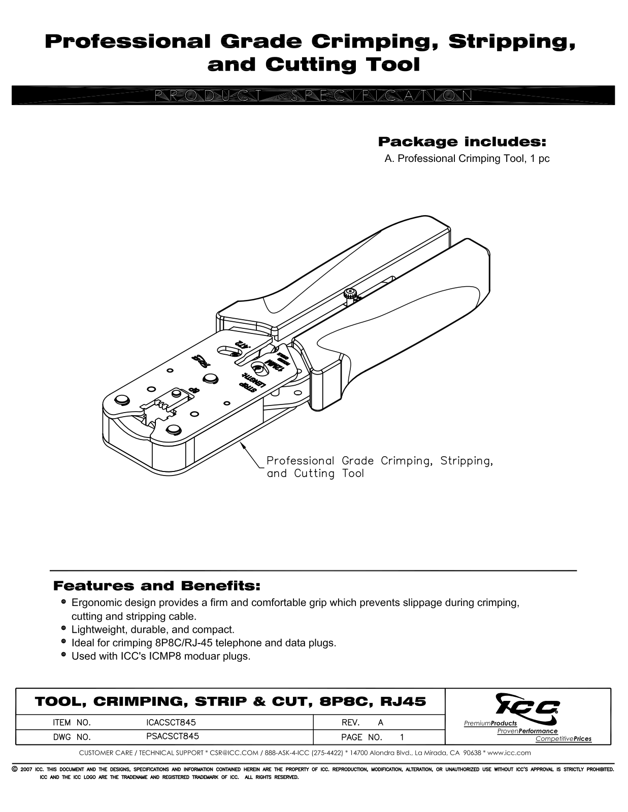 ICC ICACSCT845 Specsheet