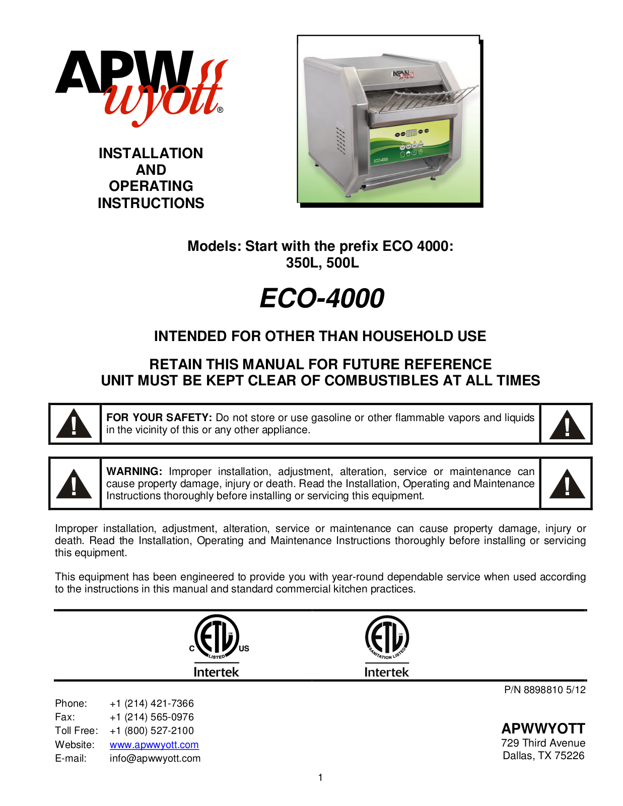 APW Wyott ECO-4000-350L Operators Manual