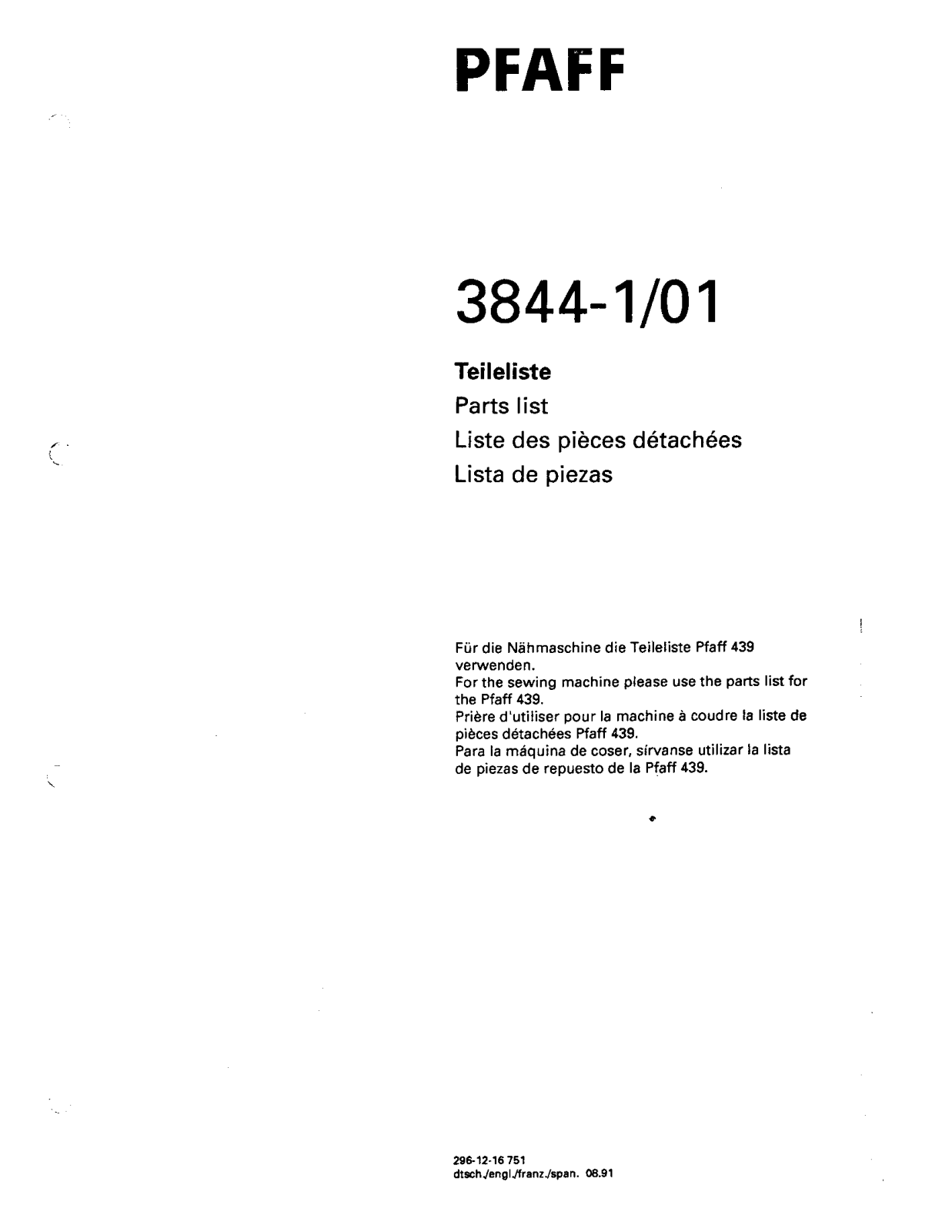 Pfaff 3844-1/01 Parts List