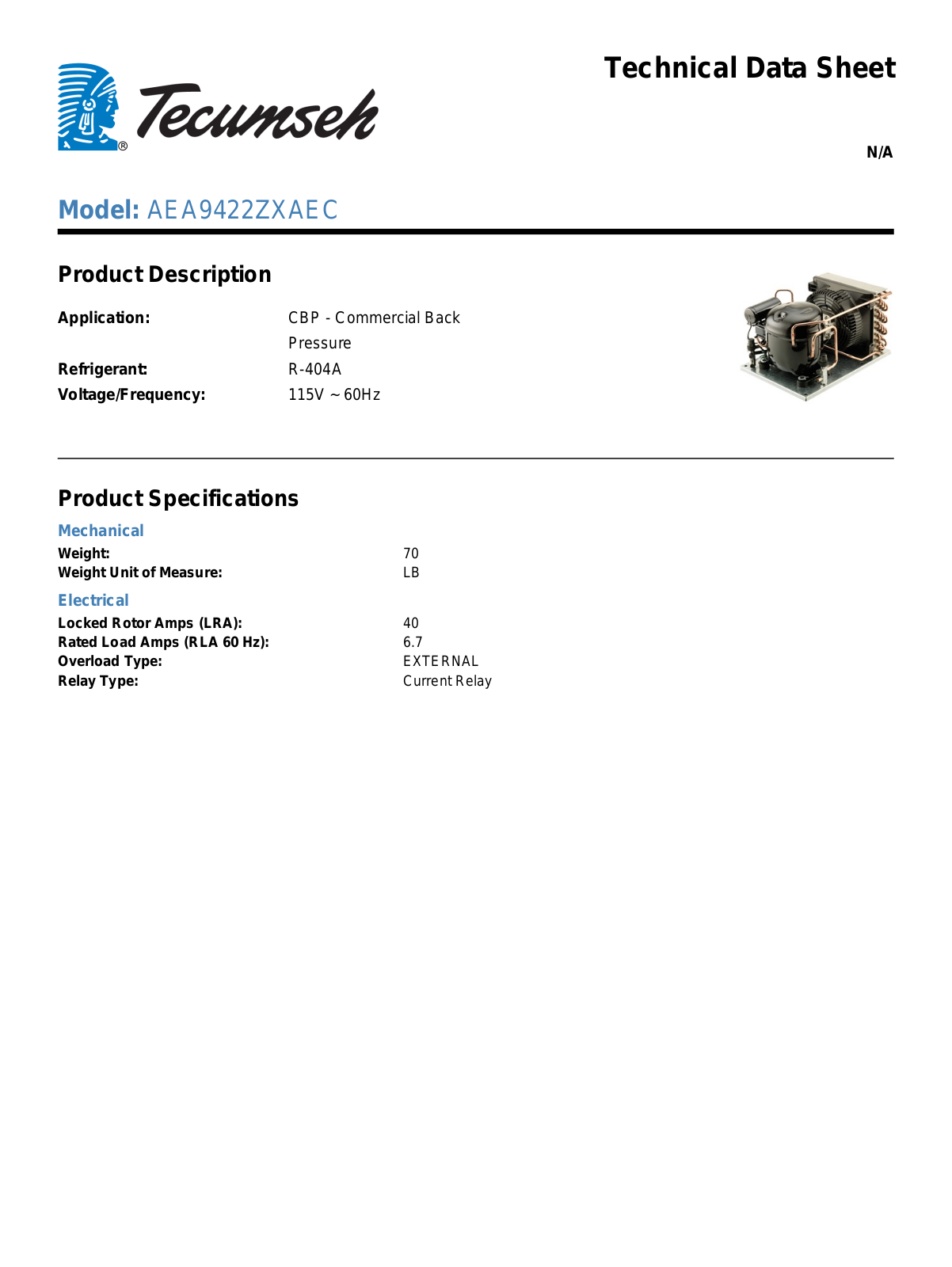 Tecumseh AEA9422ZXAEC Technical Data Sheet