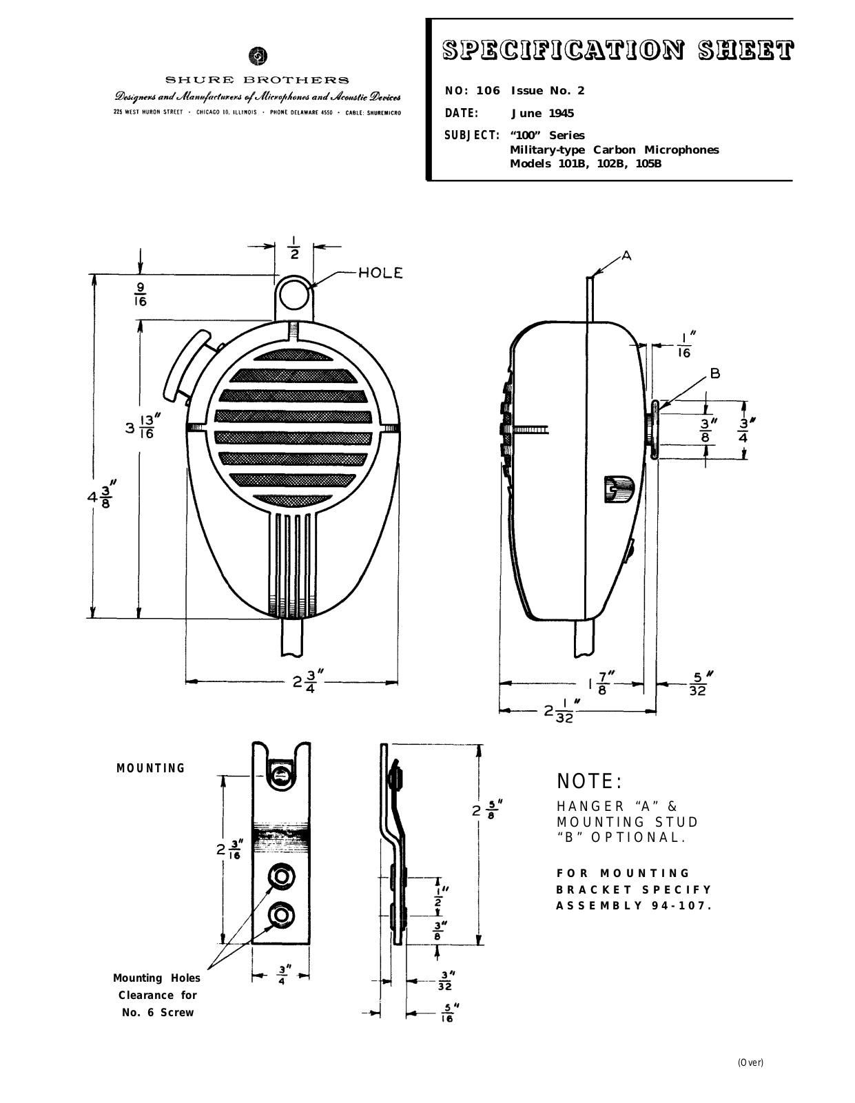 Shure 101B, 102B, 105B Specification Sheet