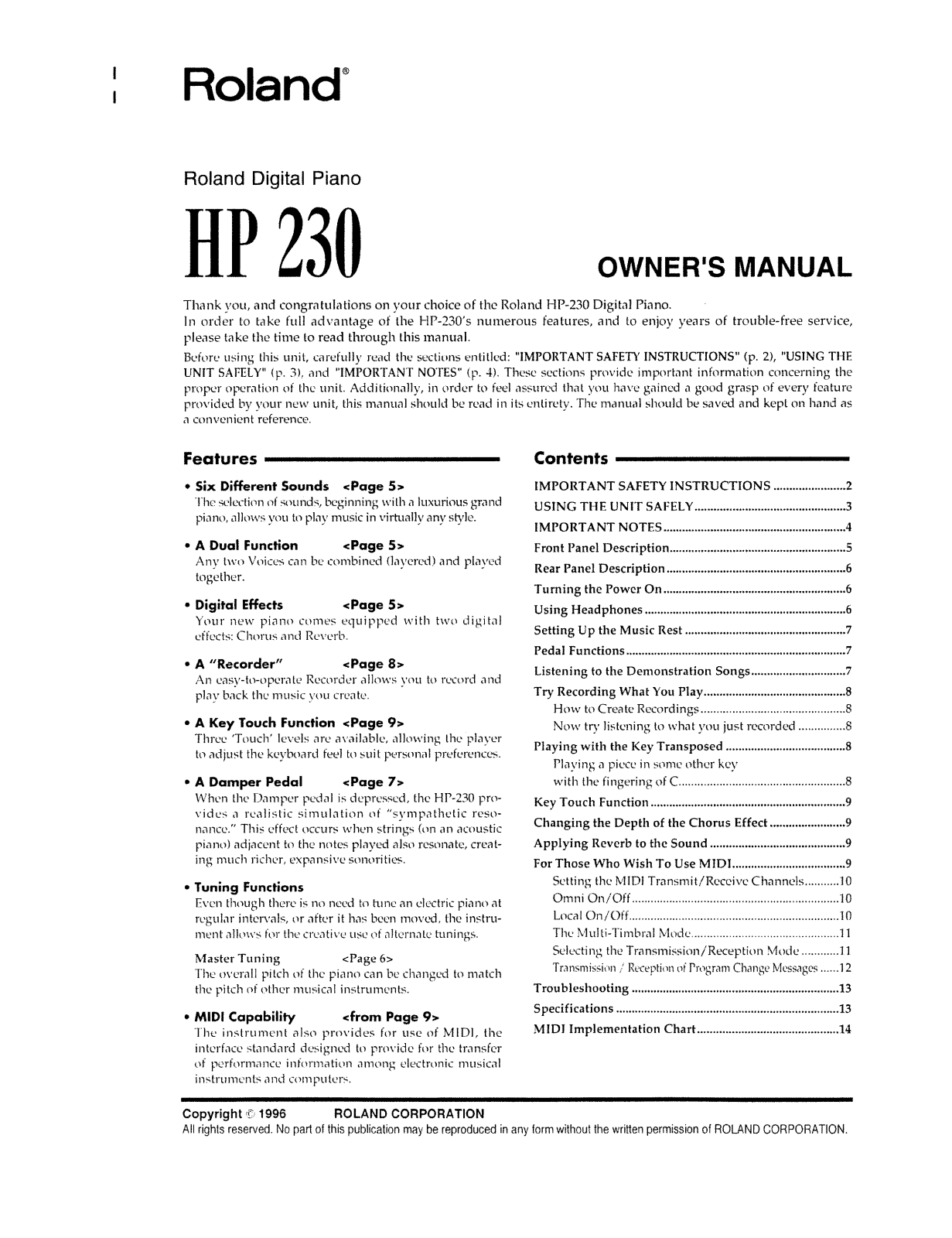 Roland Corporation HP-230 Owner's Manual