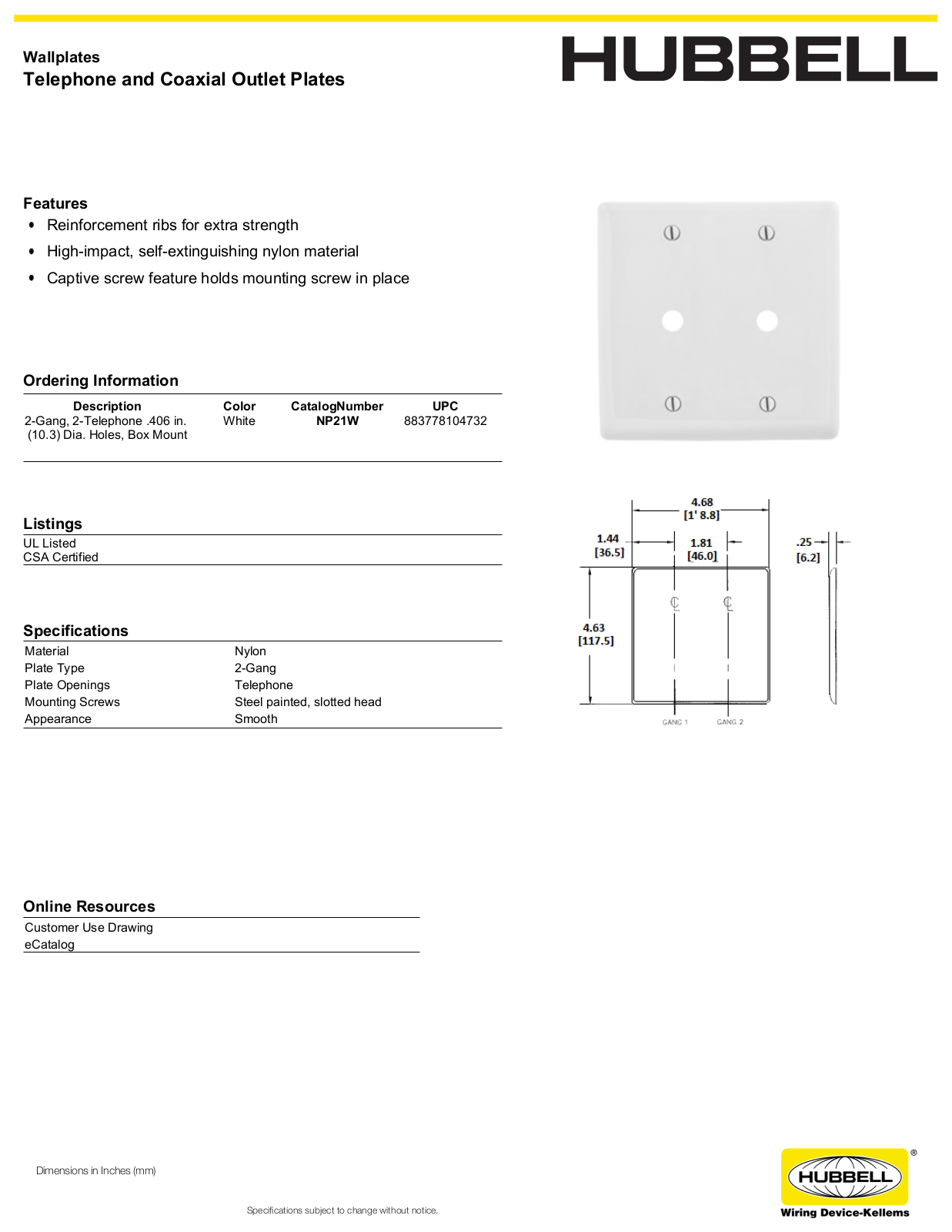 Hubbell NP21W Specifications