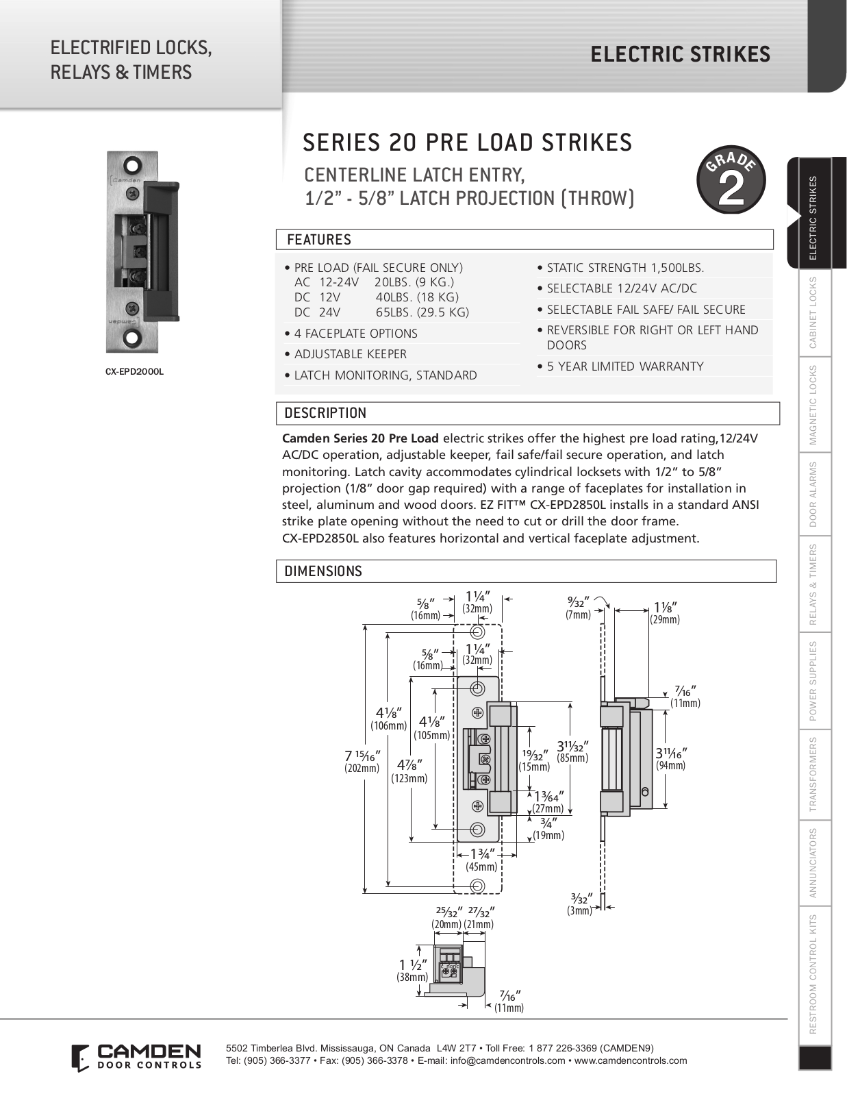 Camden Door Controls CX-EPD-2000L, CX-EPD-2010L, CX-EPD-2020L, CX-EPD-2030L, CX-EPD-2040L Specsheet