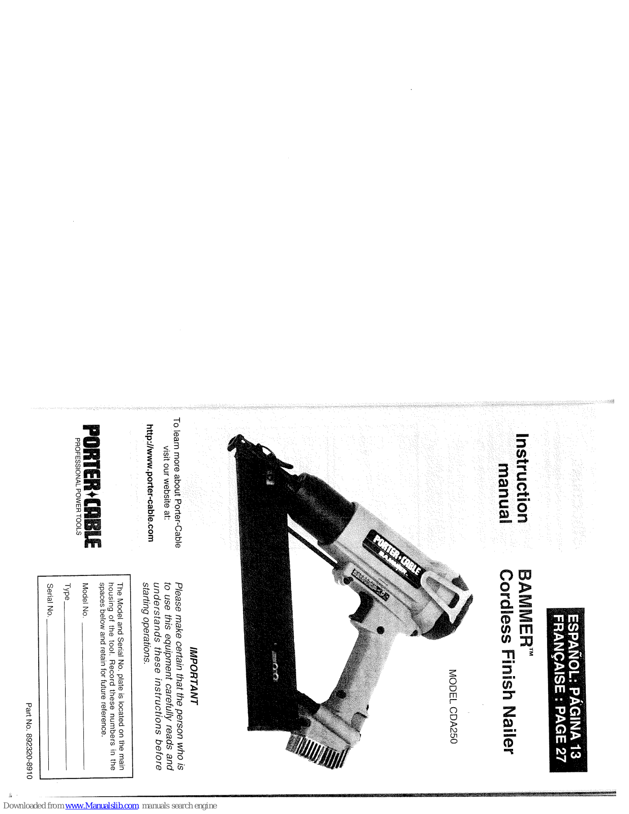 Porter-Cable BAMMER CDA250 Instruction Manual