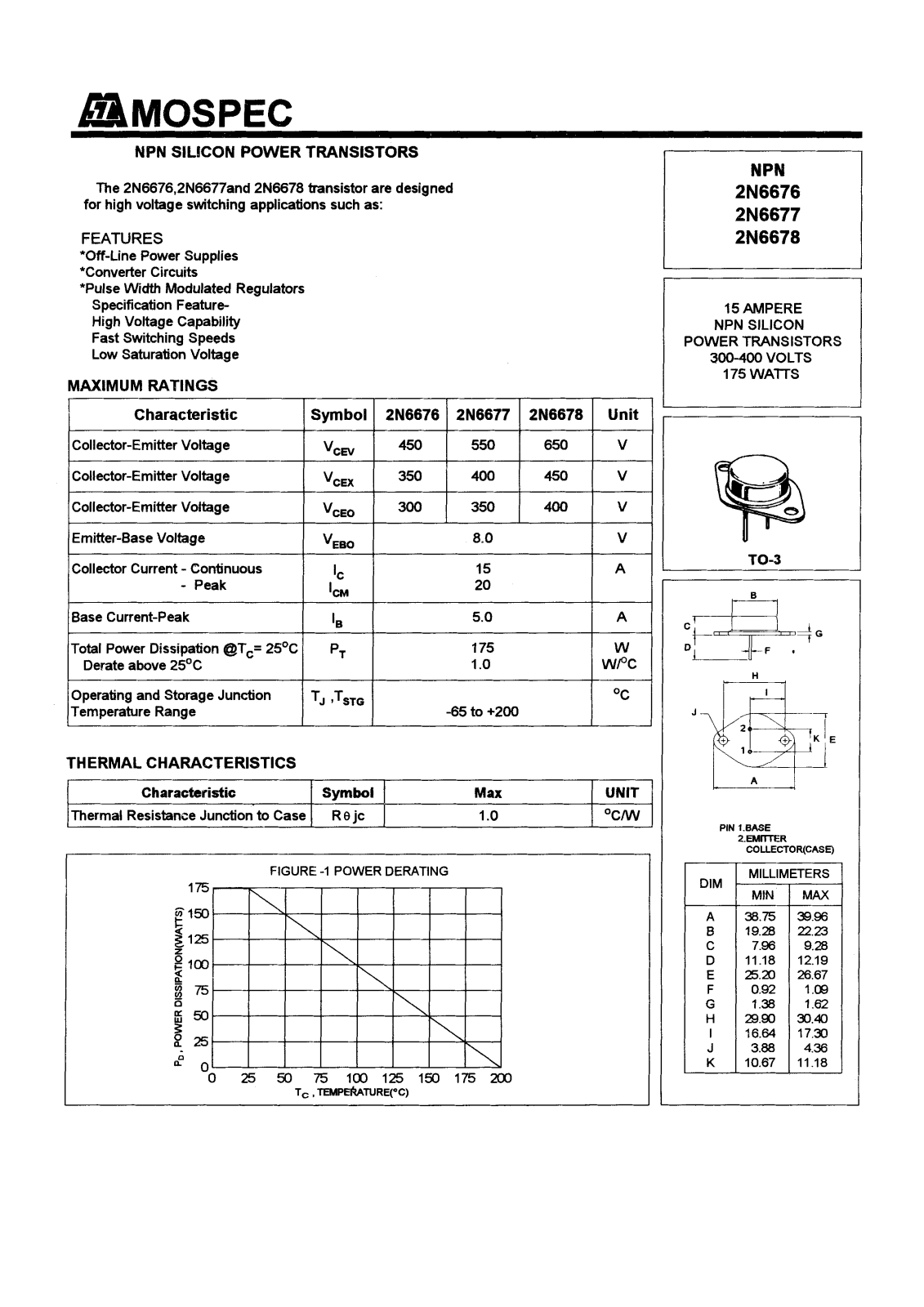 MOSPEC 2N6678, 2N6677, 2N6676 Datasheet