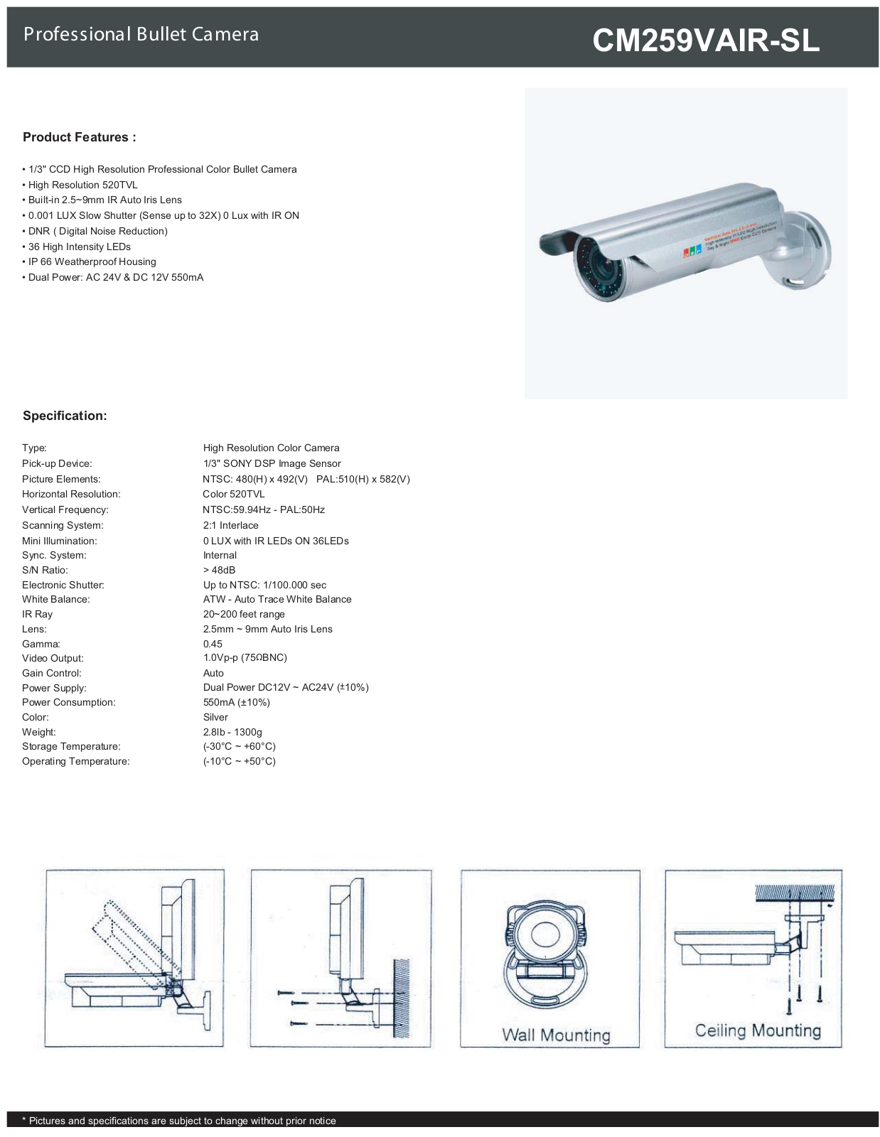 COP-USA CM259VAIR-SL Specsheet