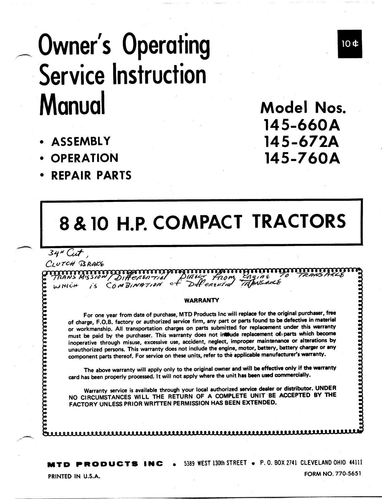 MTD 145-760A, 145-672A, 145-660A User Manual