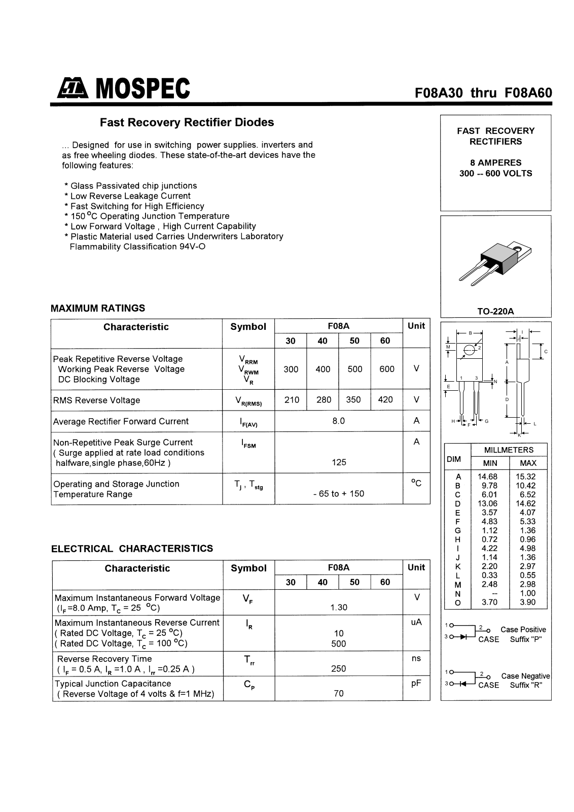 MOSPEC F08A40P, F08A30R, F08A30P, F08A60R, F08A60P Datasheet