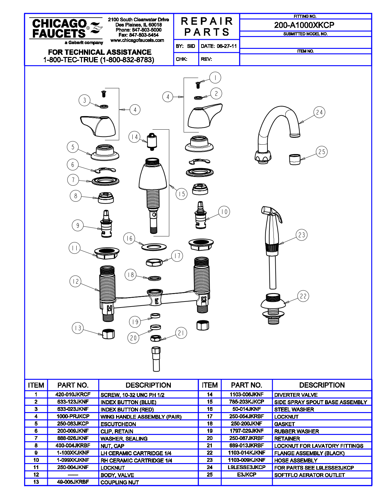 Chicago Faucet 200-A1000XK Parts List