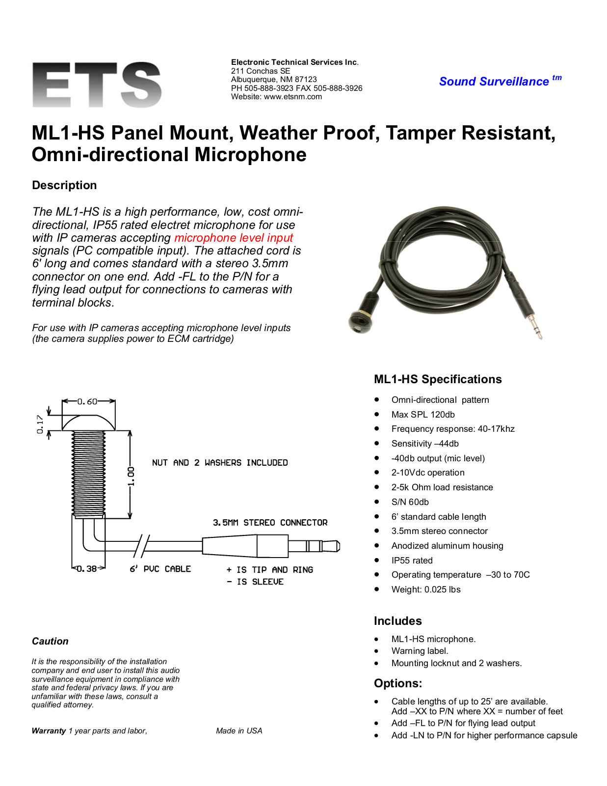 ETS ML1-HS Specsheet