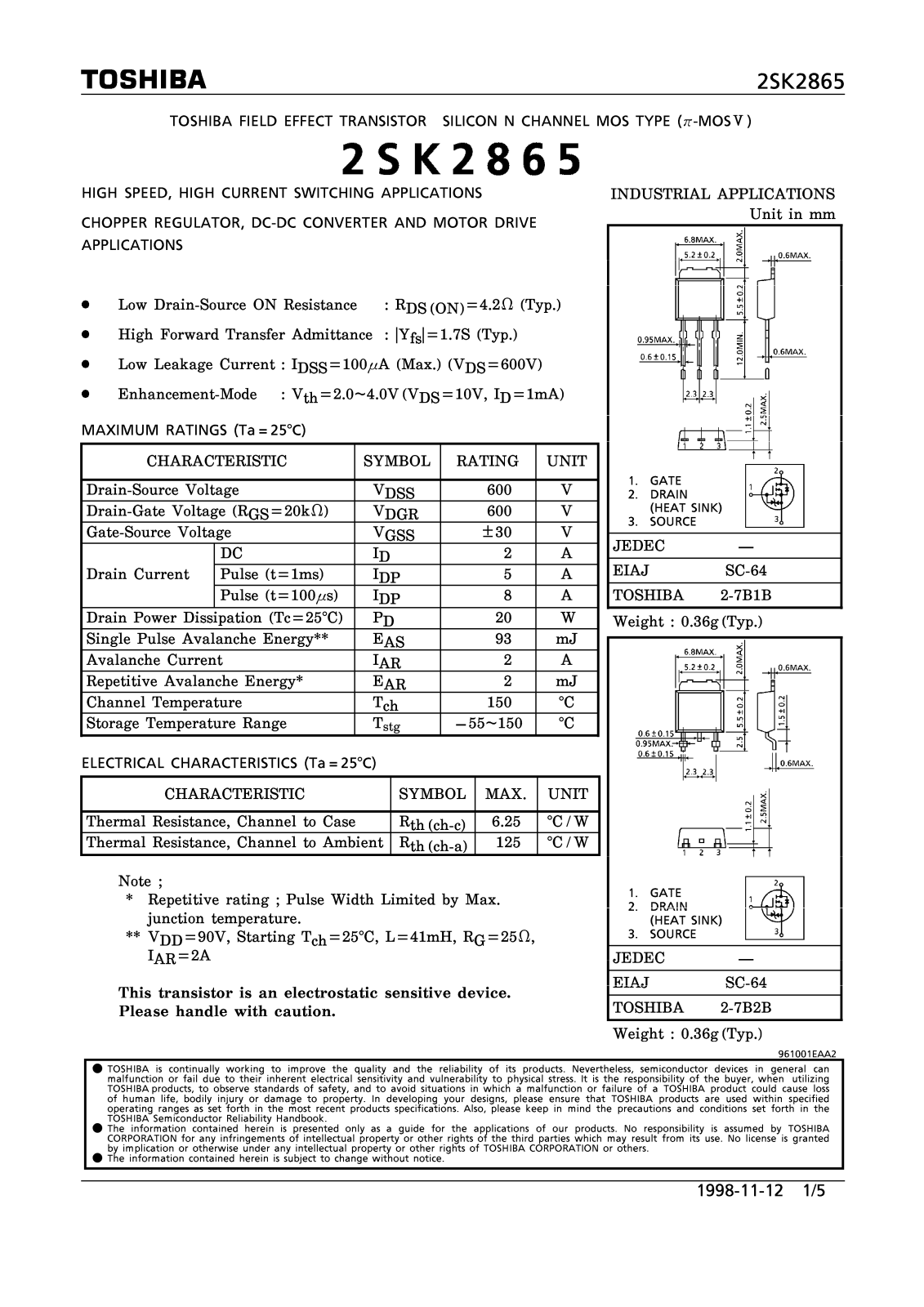 Toshiba 2SK2865 Datasheet