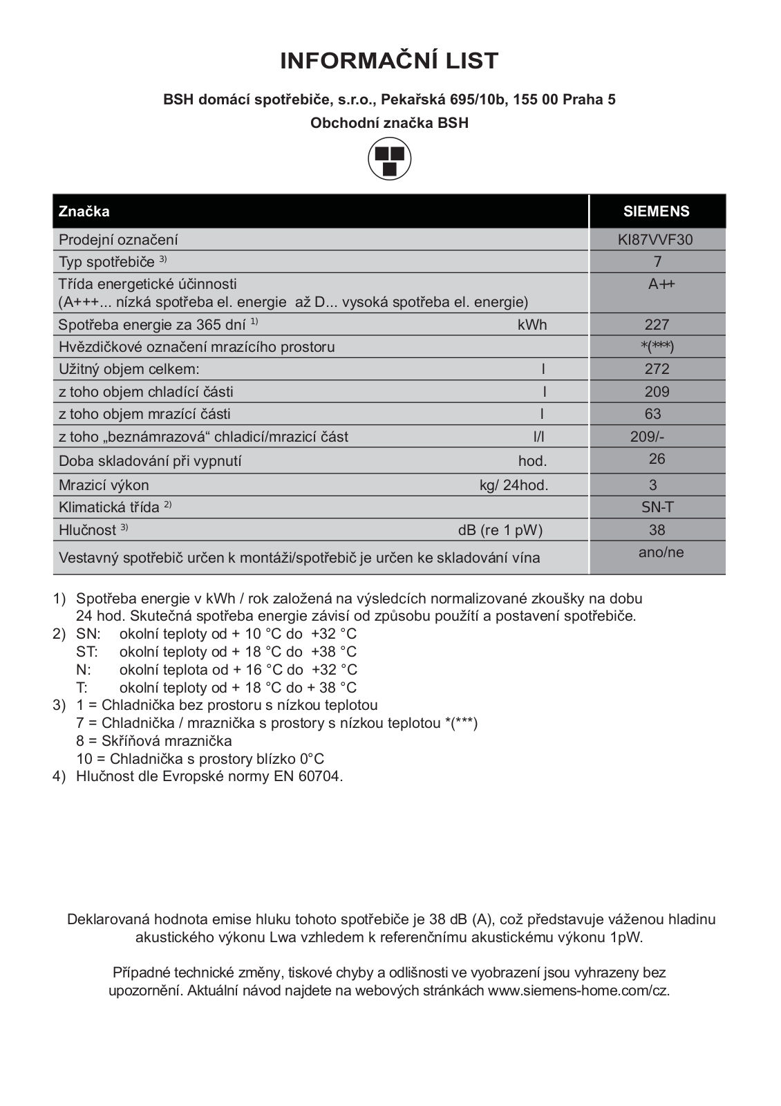 Siemens KI87VVF30 Information sheet