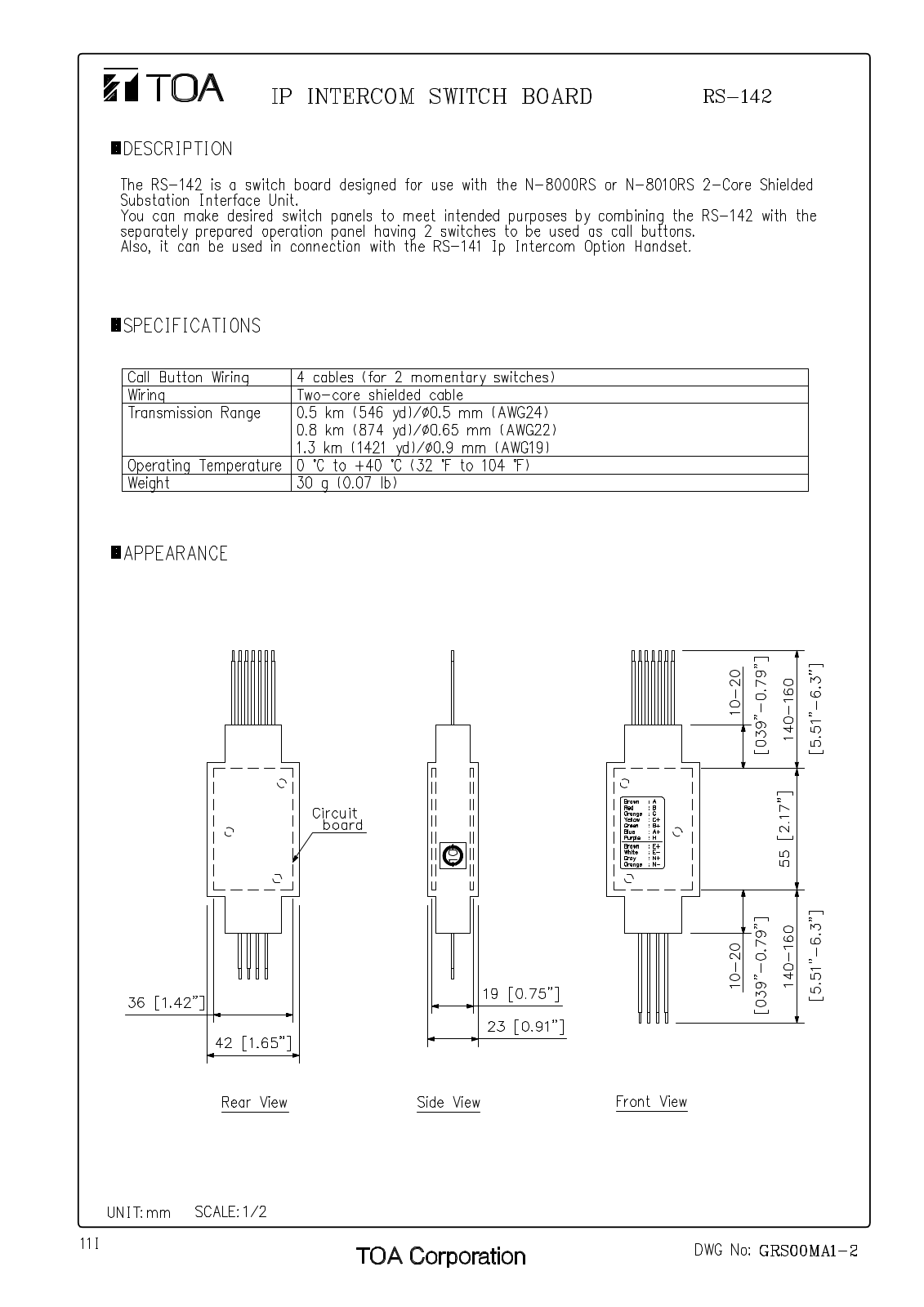 TOA RS-142 User Manual