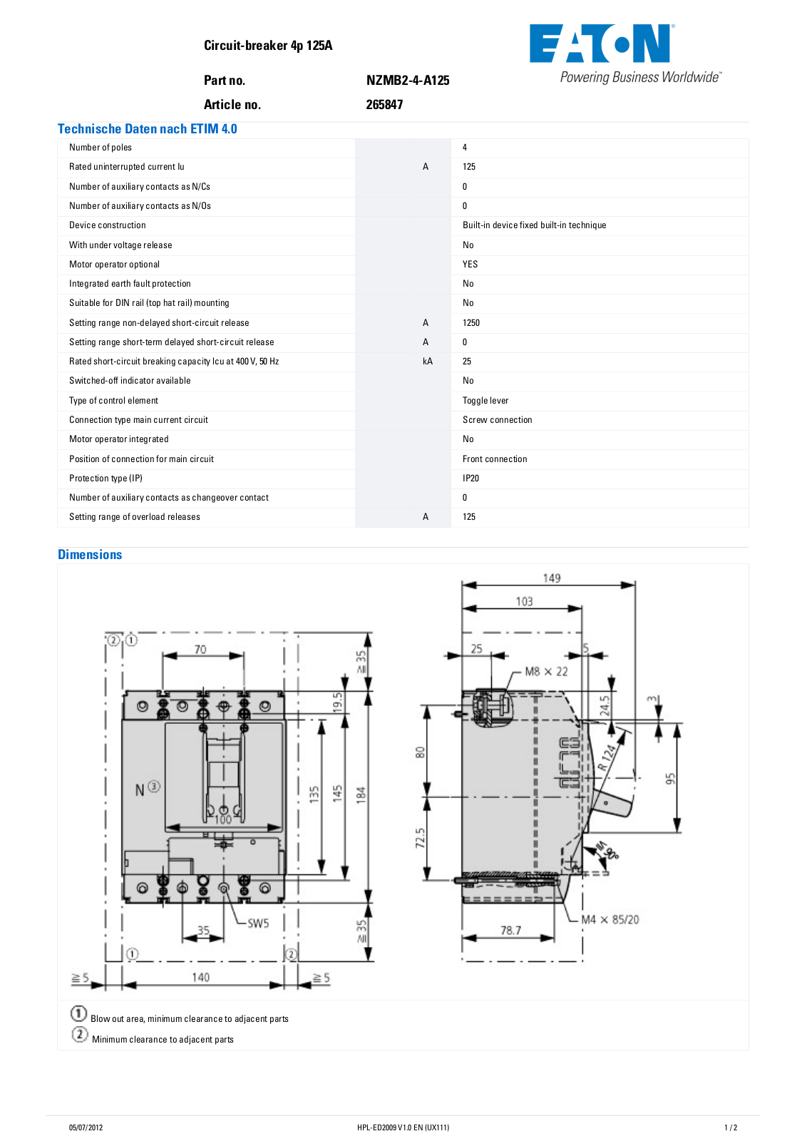 Klockner-Moeller, Div of Eaton Corp. NZMB2-4-A125 Data Sheet