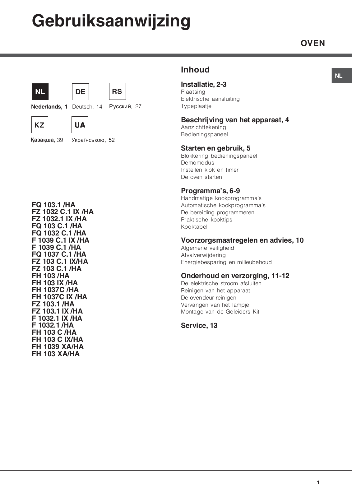 ARISTON FQ 103.1 -HA, FZ 1032 C.1 IX -HA, FZ 1032.1 IX -HA, FQ 103 C.1 -HA, FQ 1032 C.1 -HA User Manual