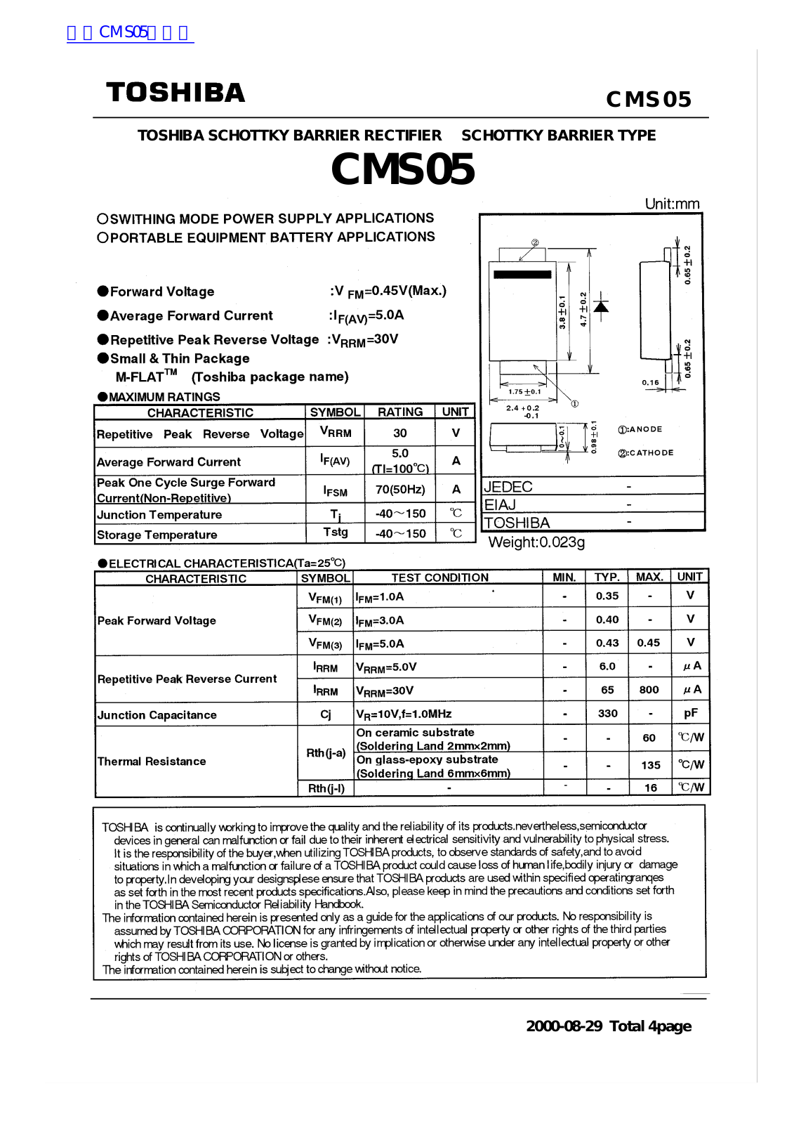 TOSHIBA CMS05 Technical data