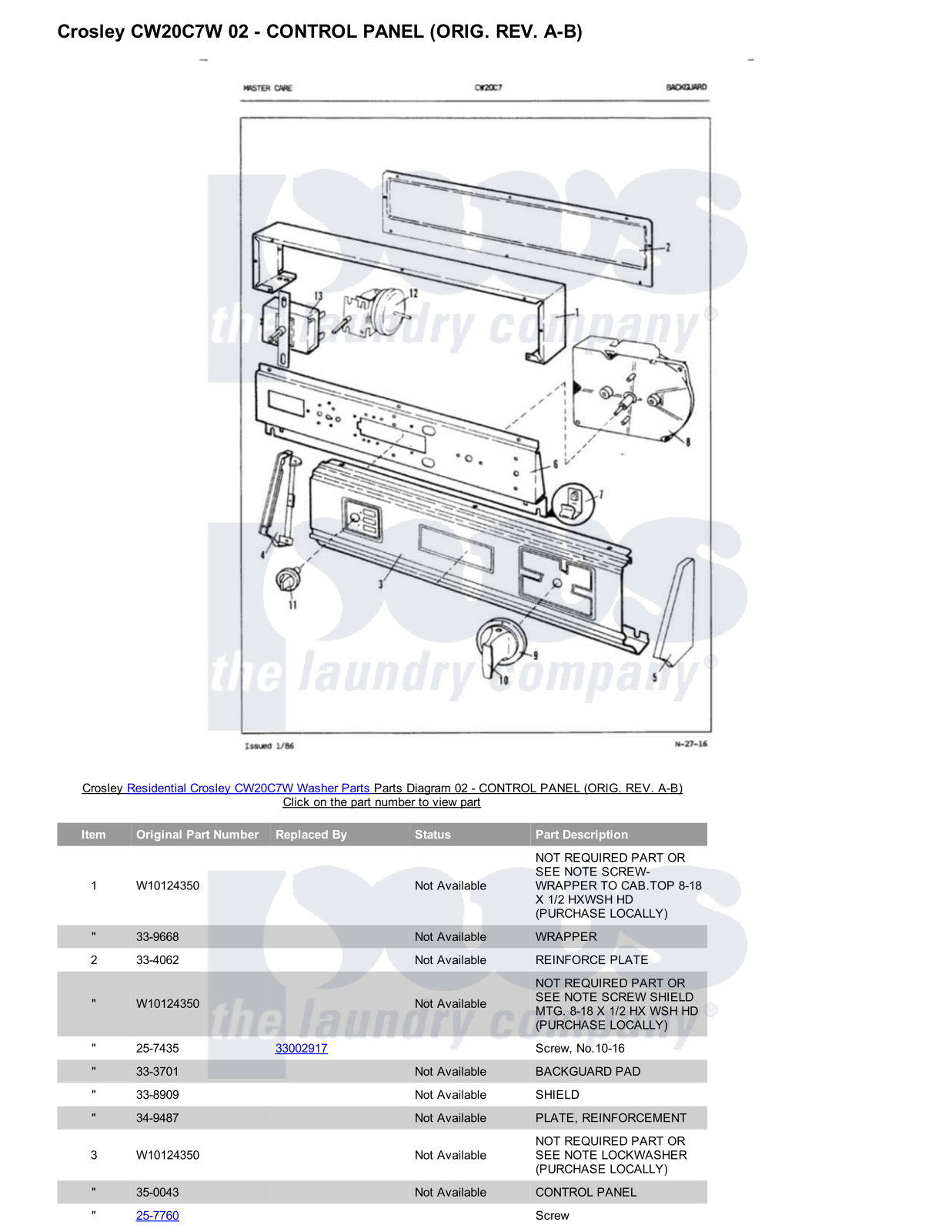 Crosley CW20C7W Parts Diagram