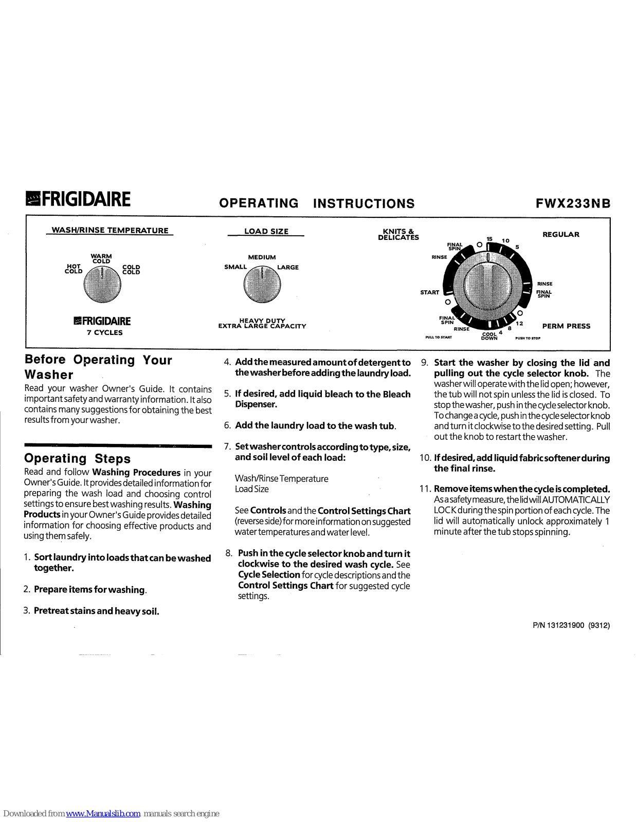 Frigidaire FWX233NB Operating Instructions Manual