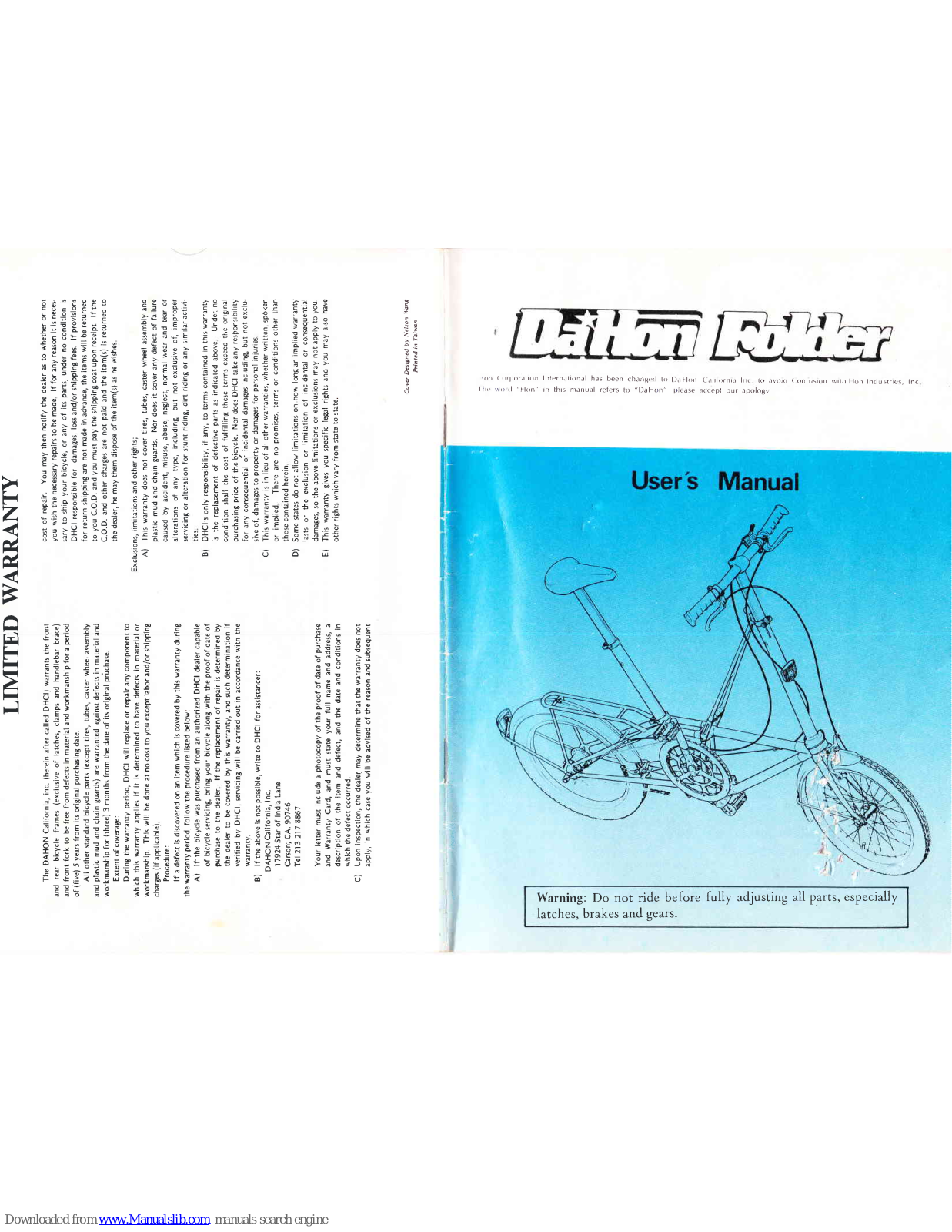 DAHON Folder 1987 User Manual - ManualMachine.com