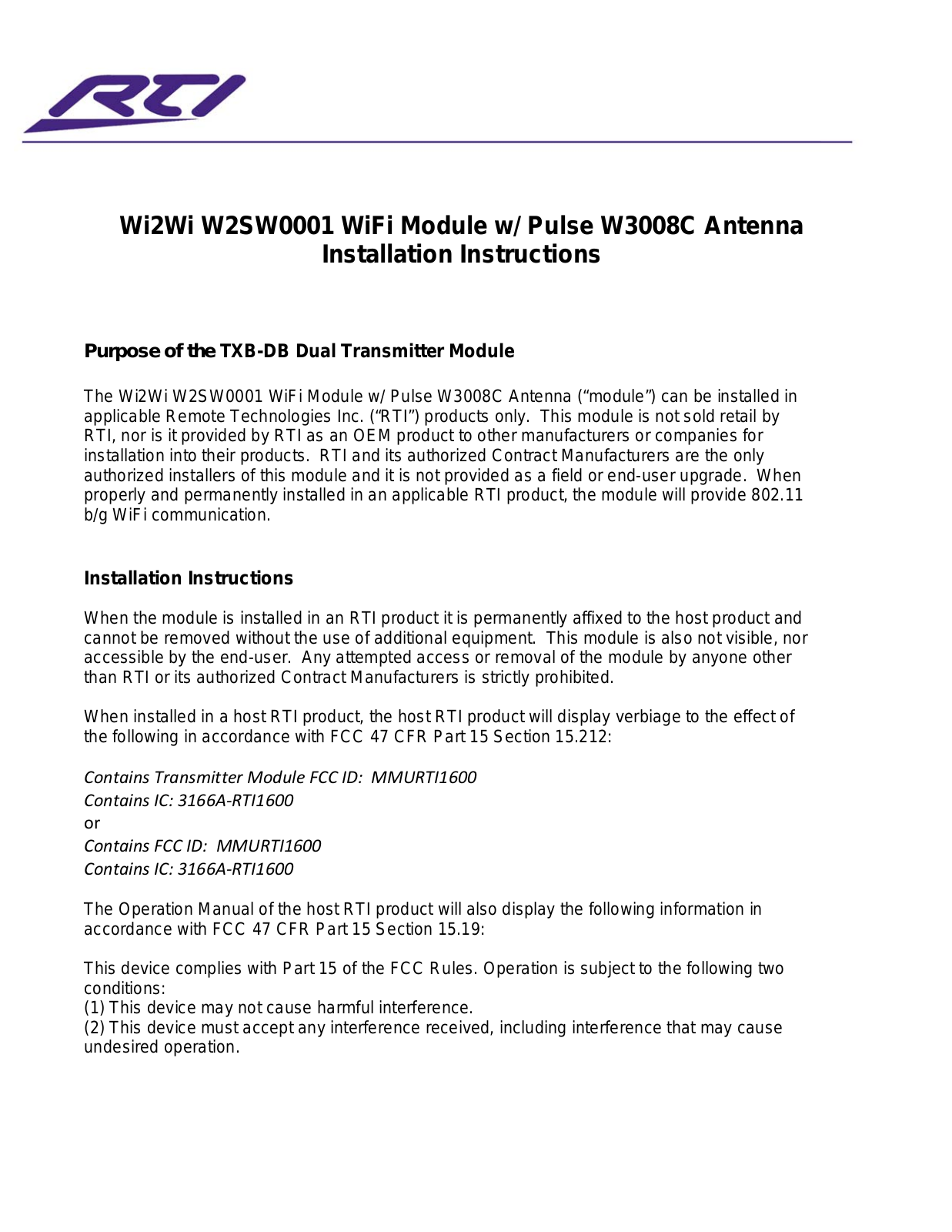 Remote Technologies RTI1600 User Manual