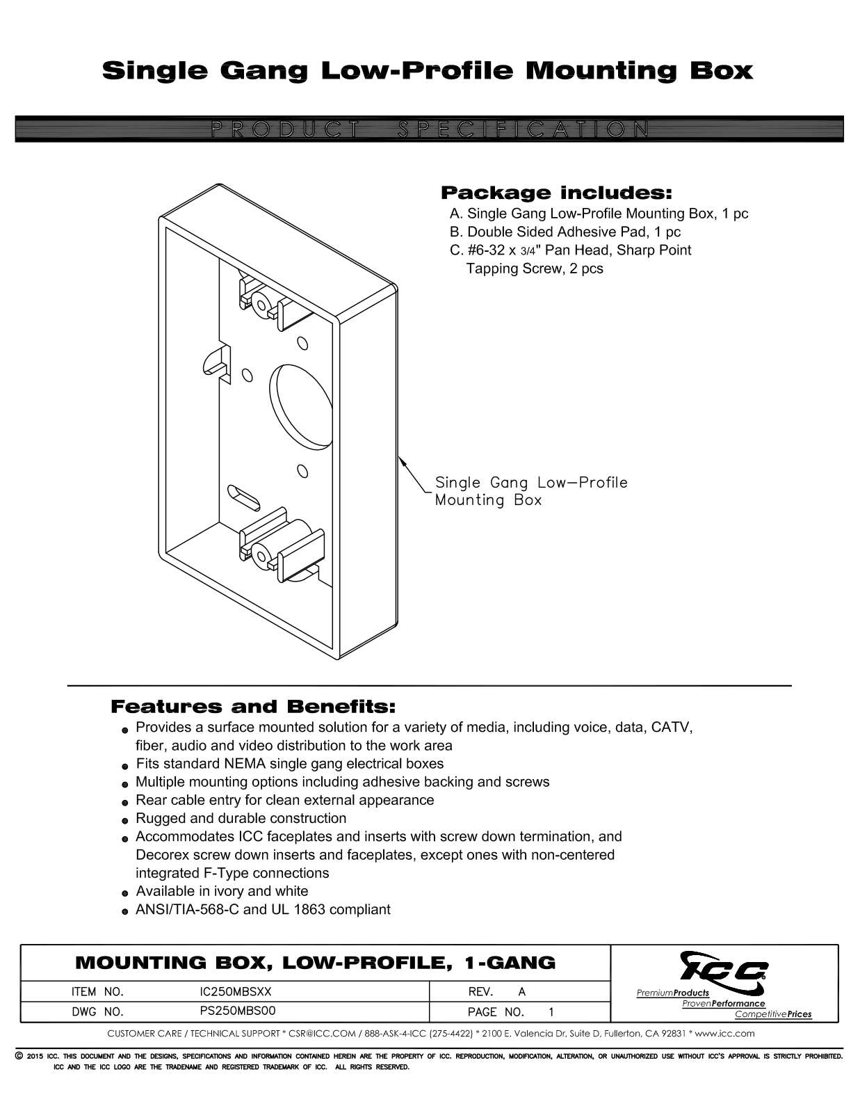 ICC IC250MBSWH Specsheet