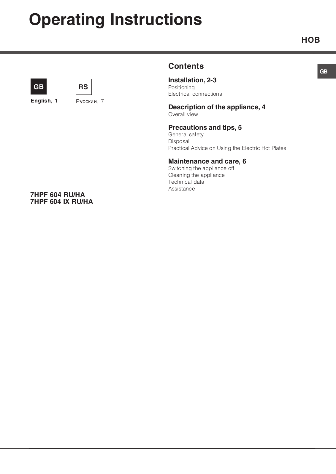 Hotpoint 7HPF 604 User Manual