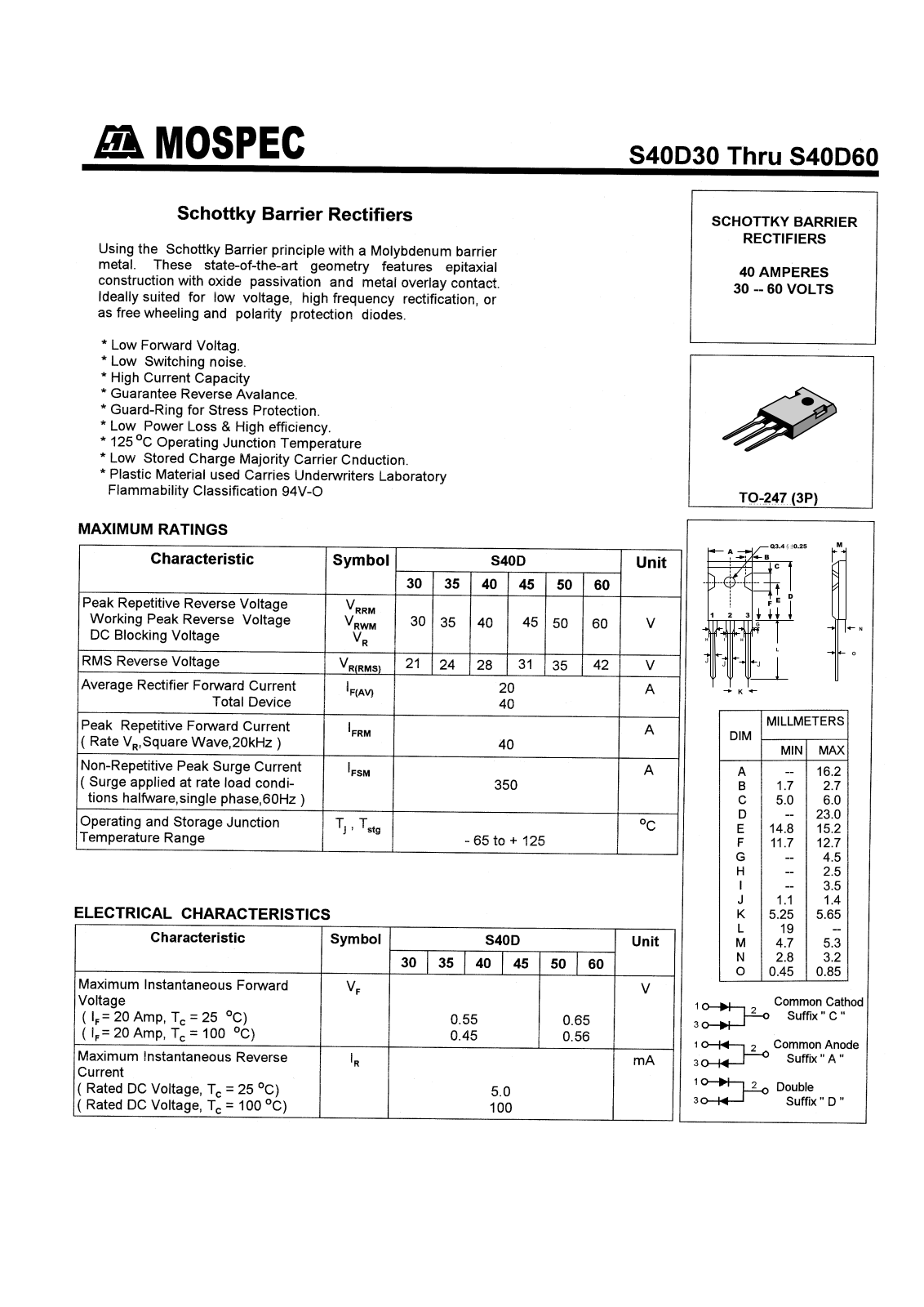 MOSPEC S40D60A, S40D60C, S40D60D, S40D40D, S40D45A Datasheet