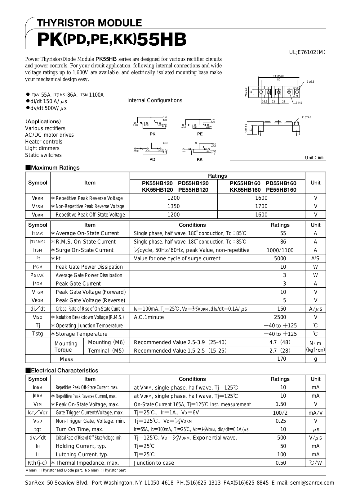 Sanrex-Sansha Electric Manufacturing PK55HB, PD55HB, PE55HB, KK55HB Data Sheet