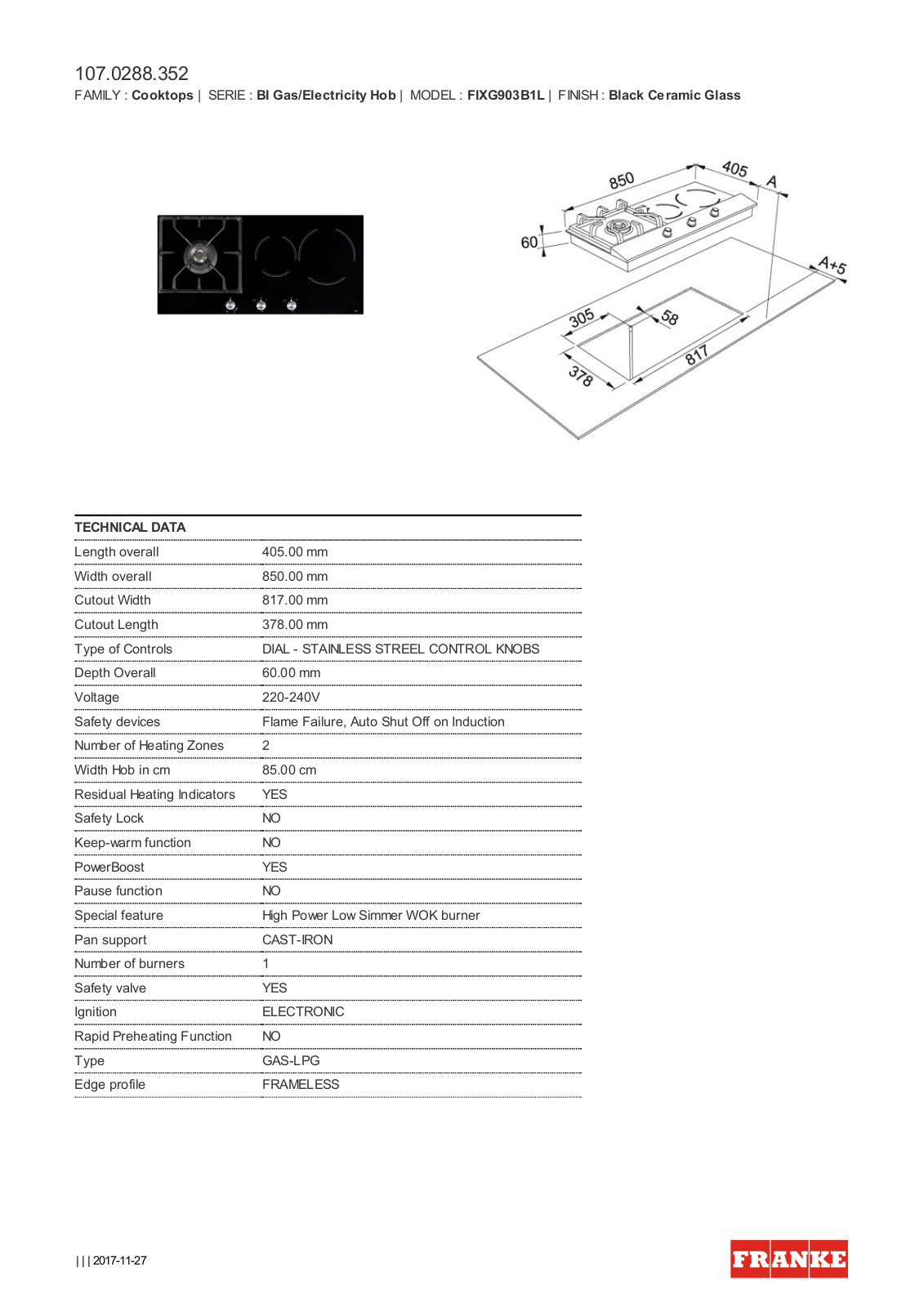 Franke FIXG903B1L Datasheet