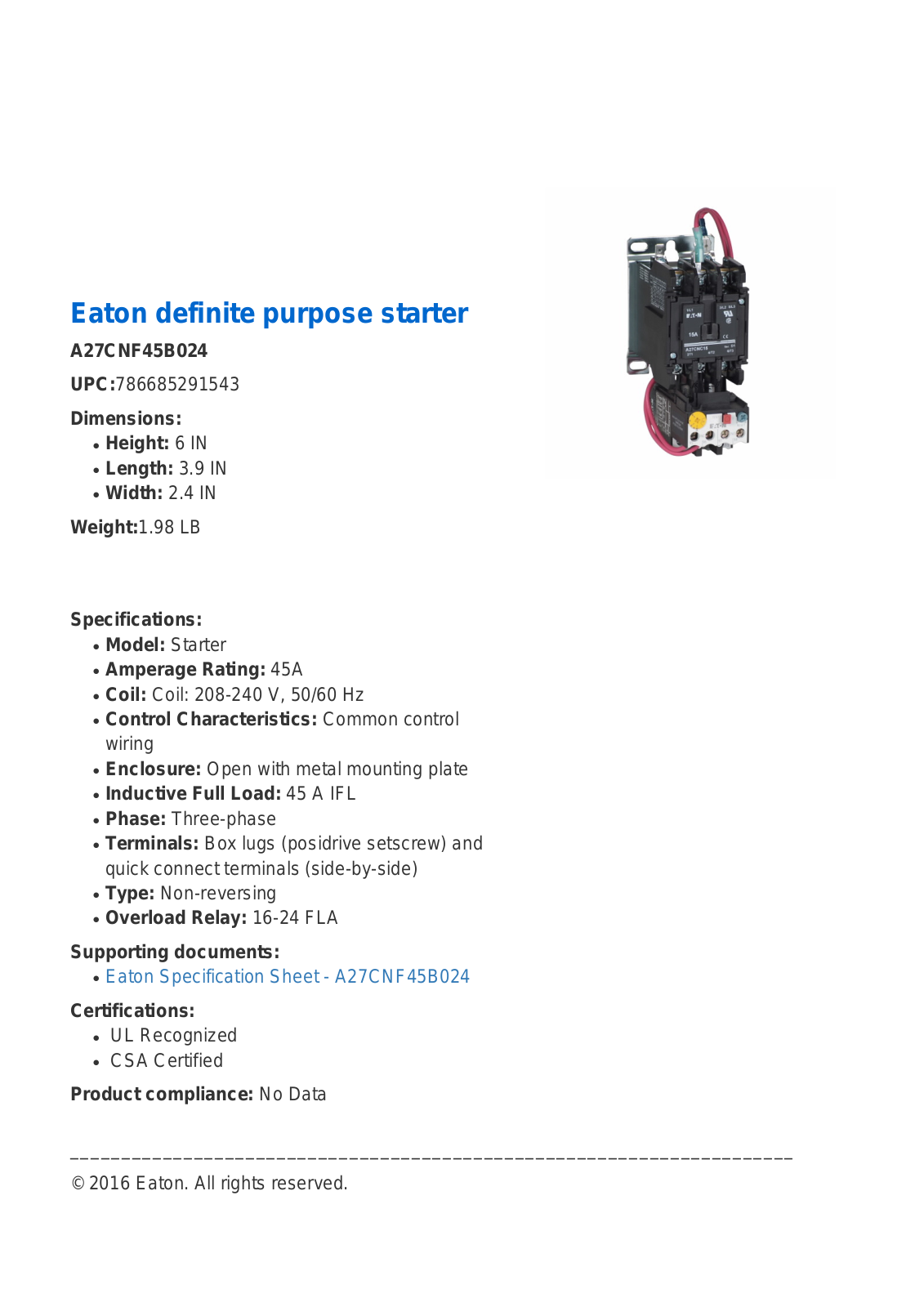 Cutler Hammer, Div of Eaton Corp A27CNF45B024 Specifications