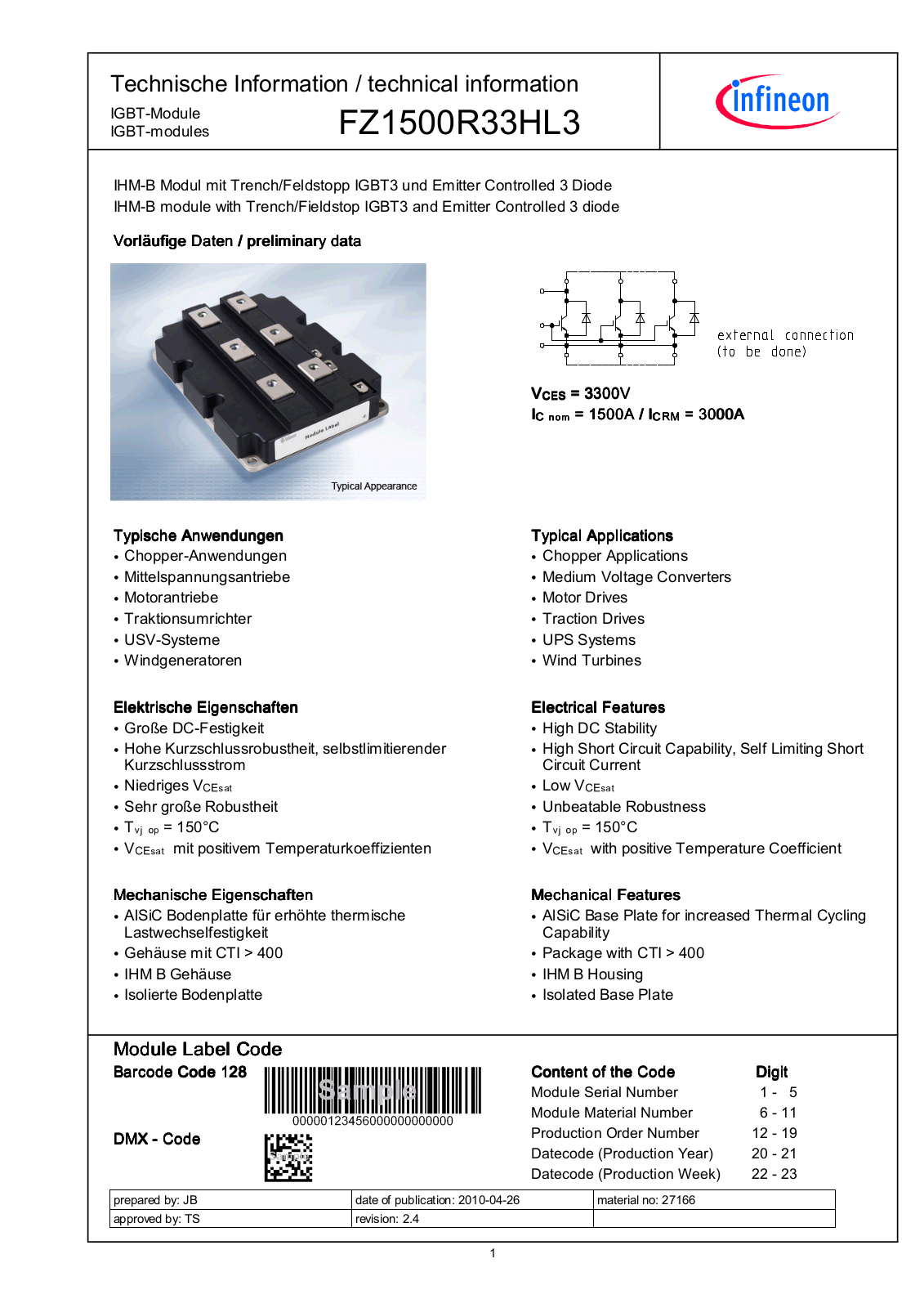 Infineon FZ1500R33HL3 Data Sheet