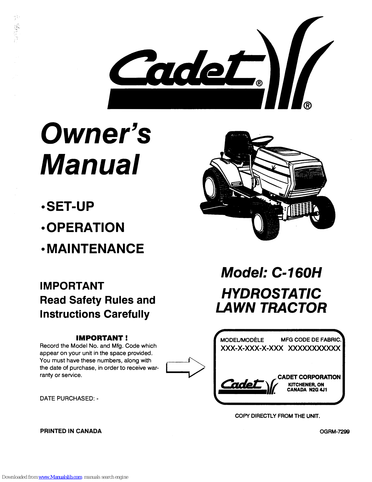 Cub Cadet C-160H Owner's Manual