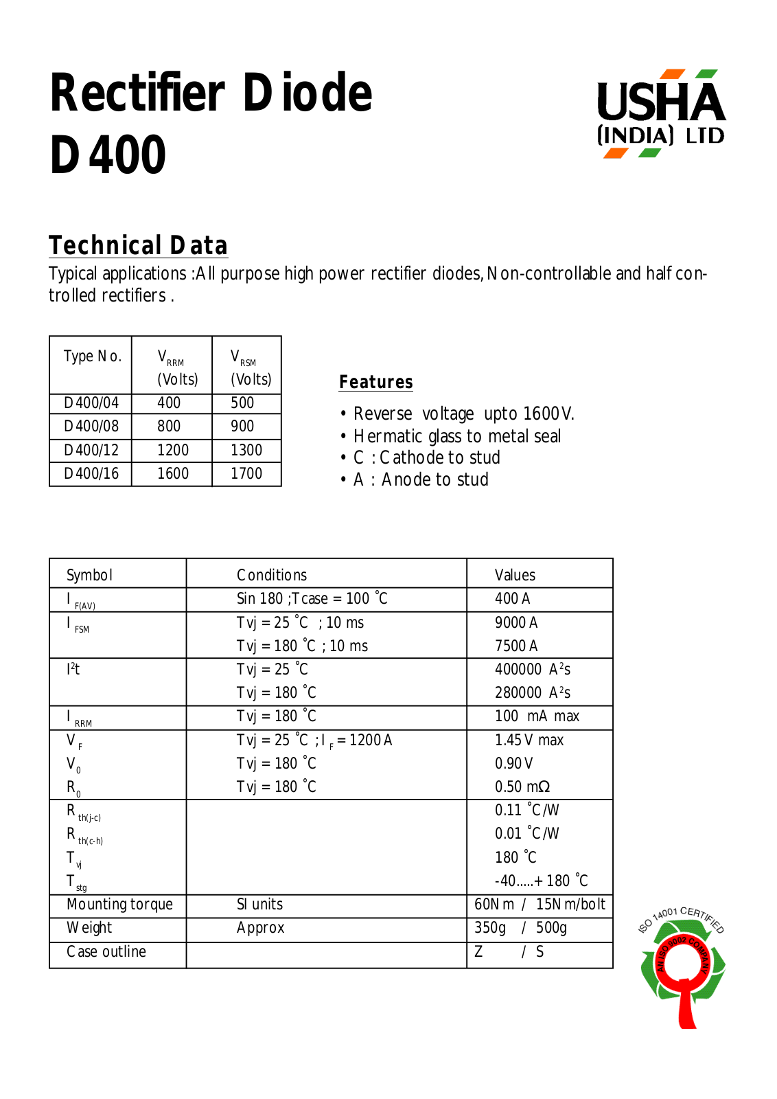 USHA D400-16, D400-12, D400-08, D400-04 Datasheet