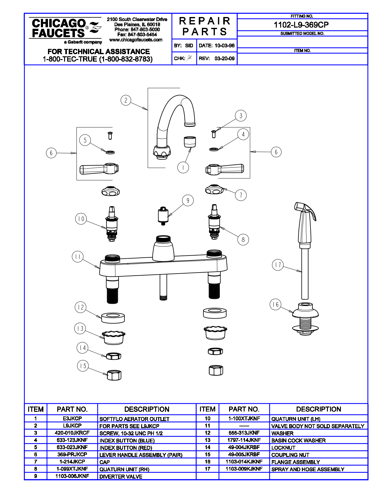 Chicago Faucet 1102-L9-369 Parts List