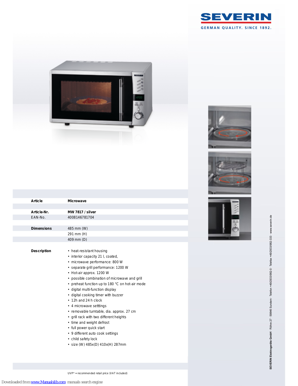 SEVERIN MIKROWELLE MIT GRILL- UND HEI&szlig, LUFTFUNKTION MW 7817, MW 7817 Datasheet - ManualMachine.com