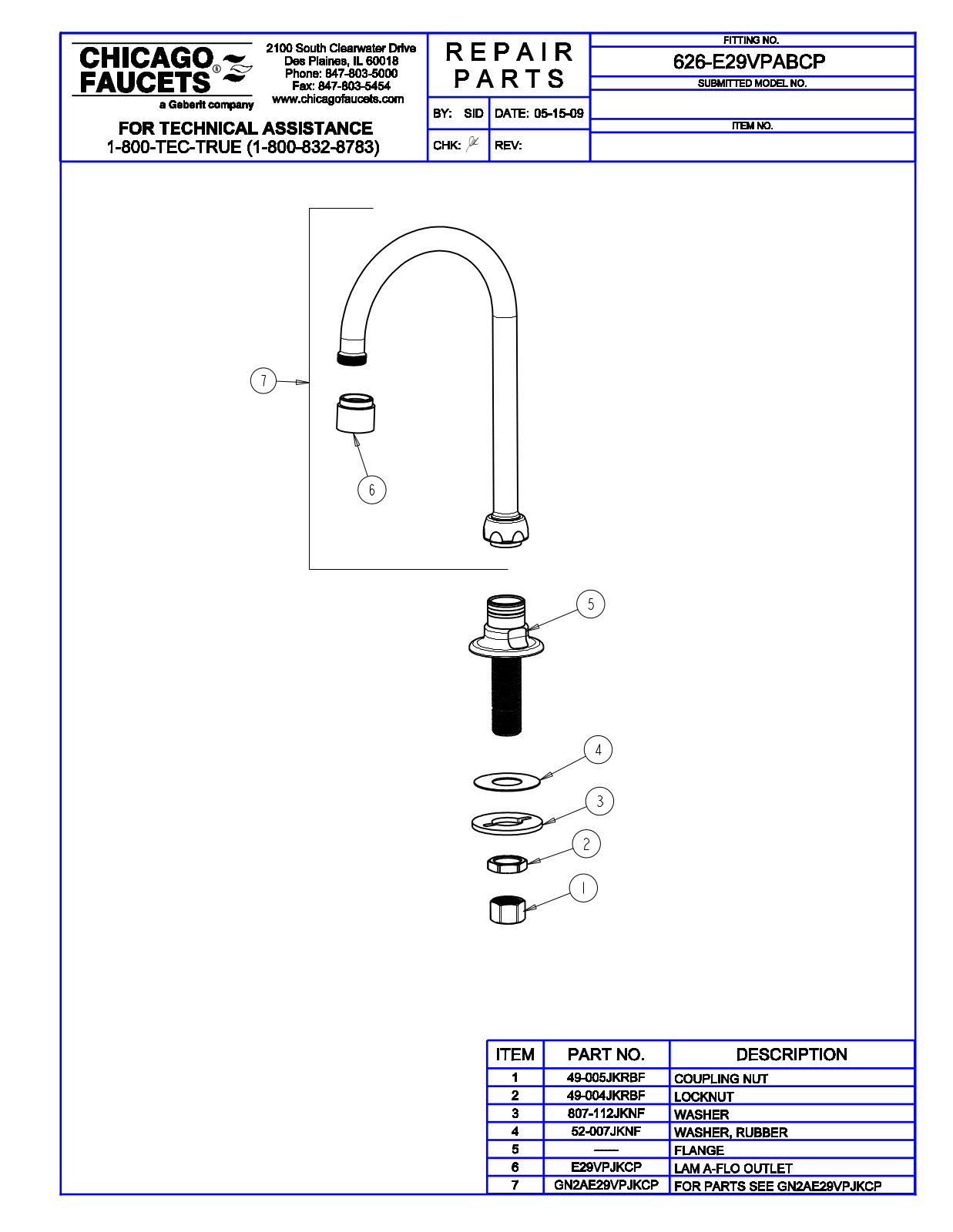 Chicago Faucet 626-E29VPAB Parts List