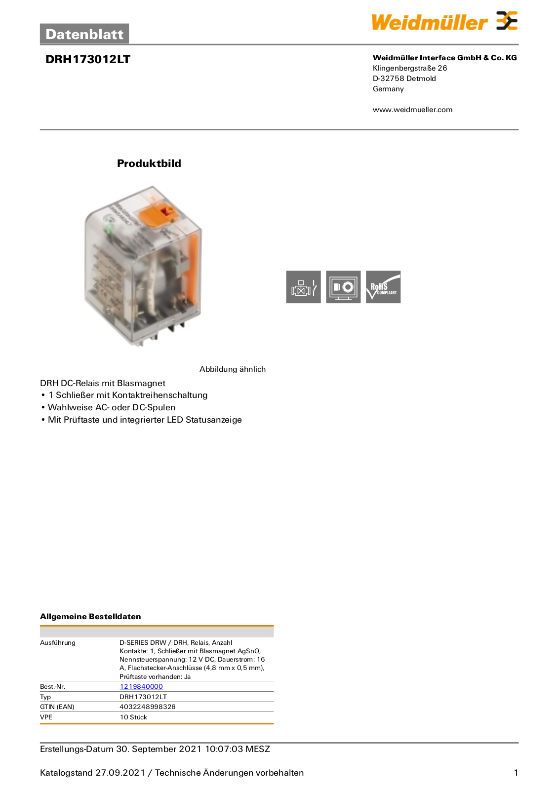 WEIDMÜLLER DRH 173012 LT Datasheet