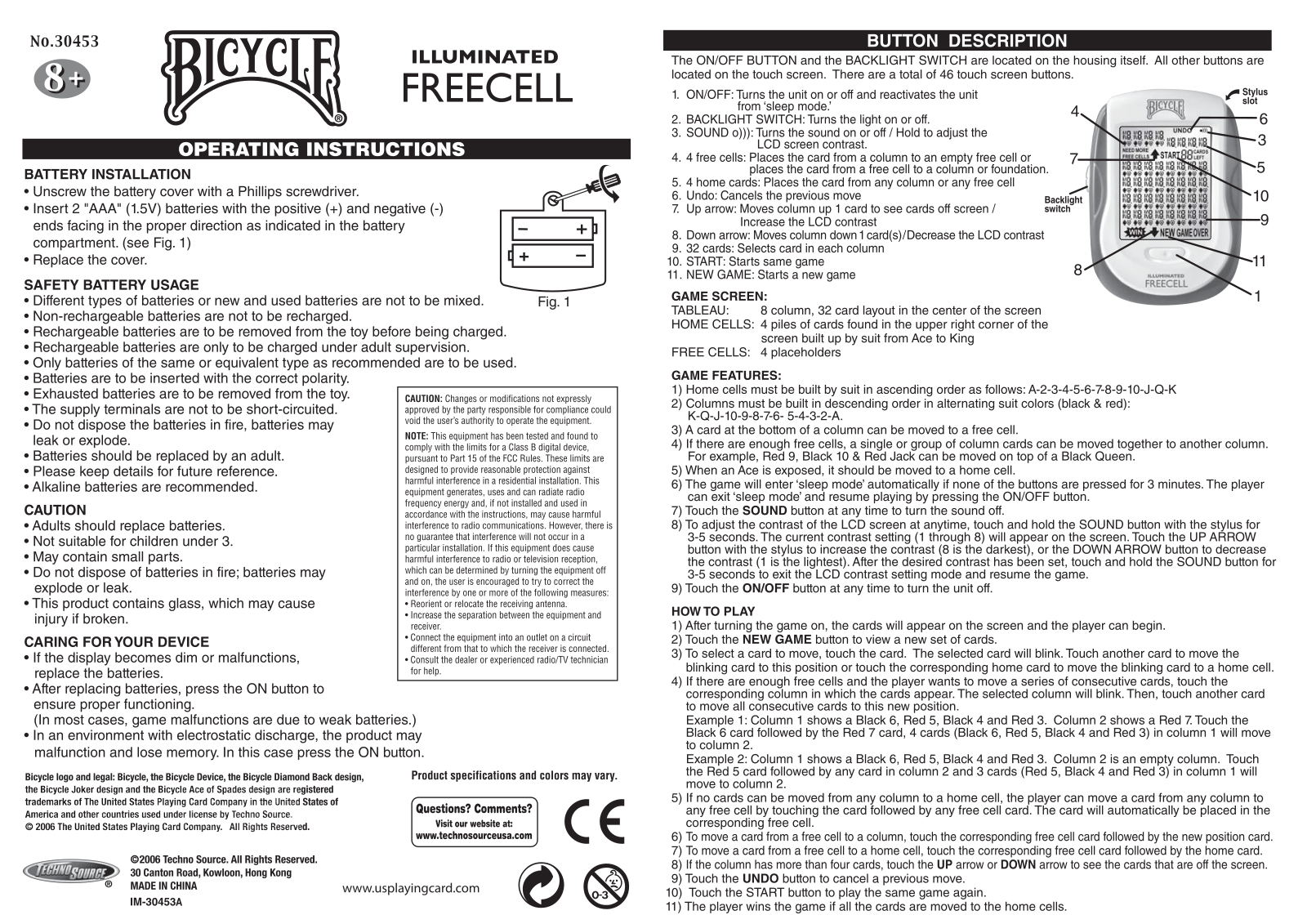 Techno Source 30453A, Bicycle Illuminated Free Cell User Manual