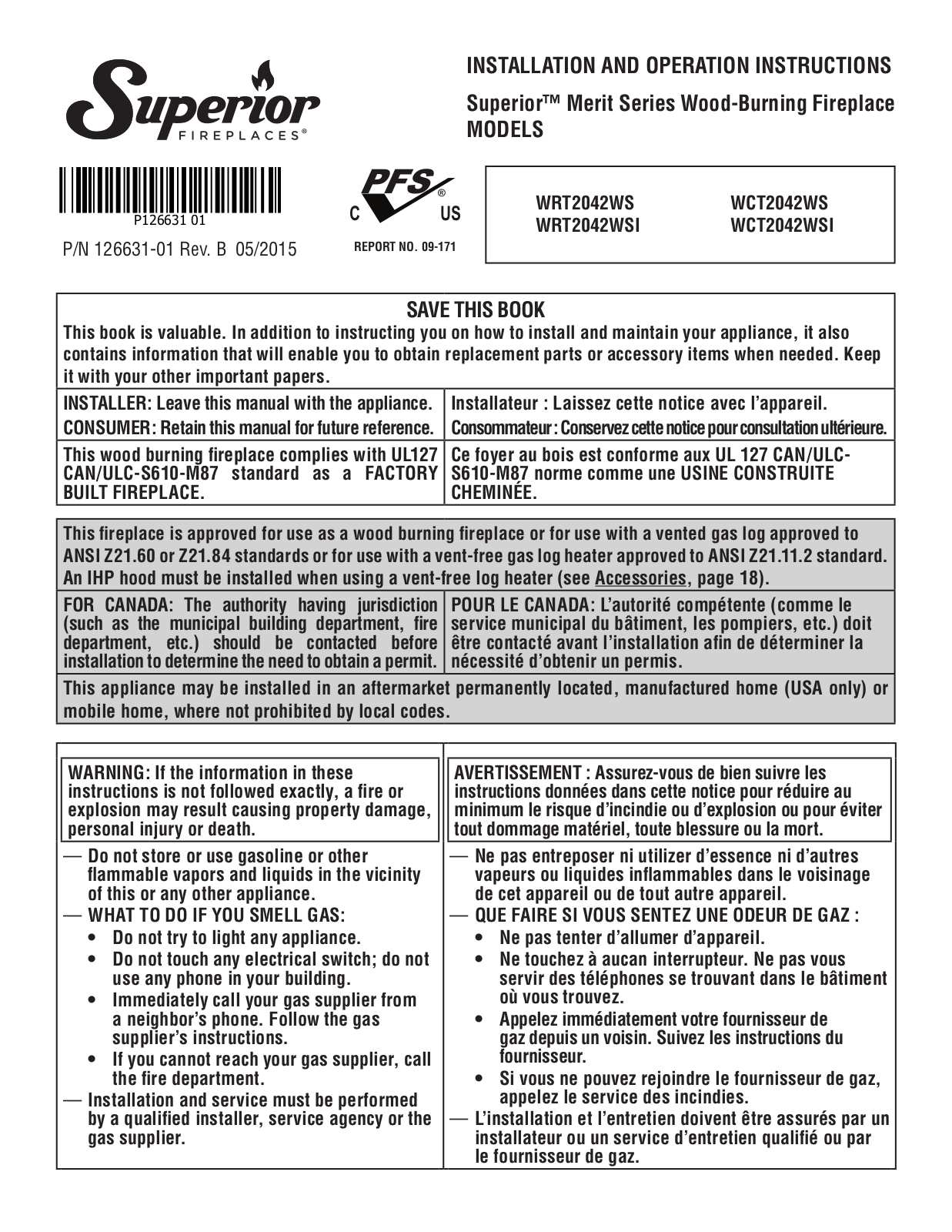 Superior WRT2042WS, WRT2042WSI, WCT2042WS, WCT2042WSI Installation And Operation Instructions Manual