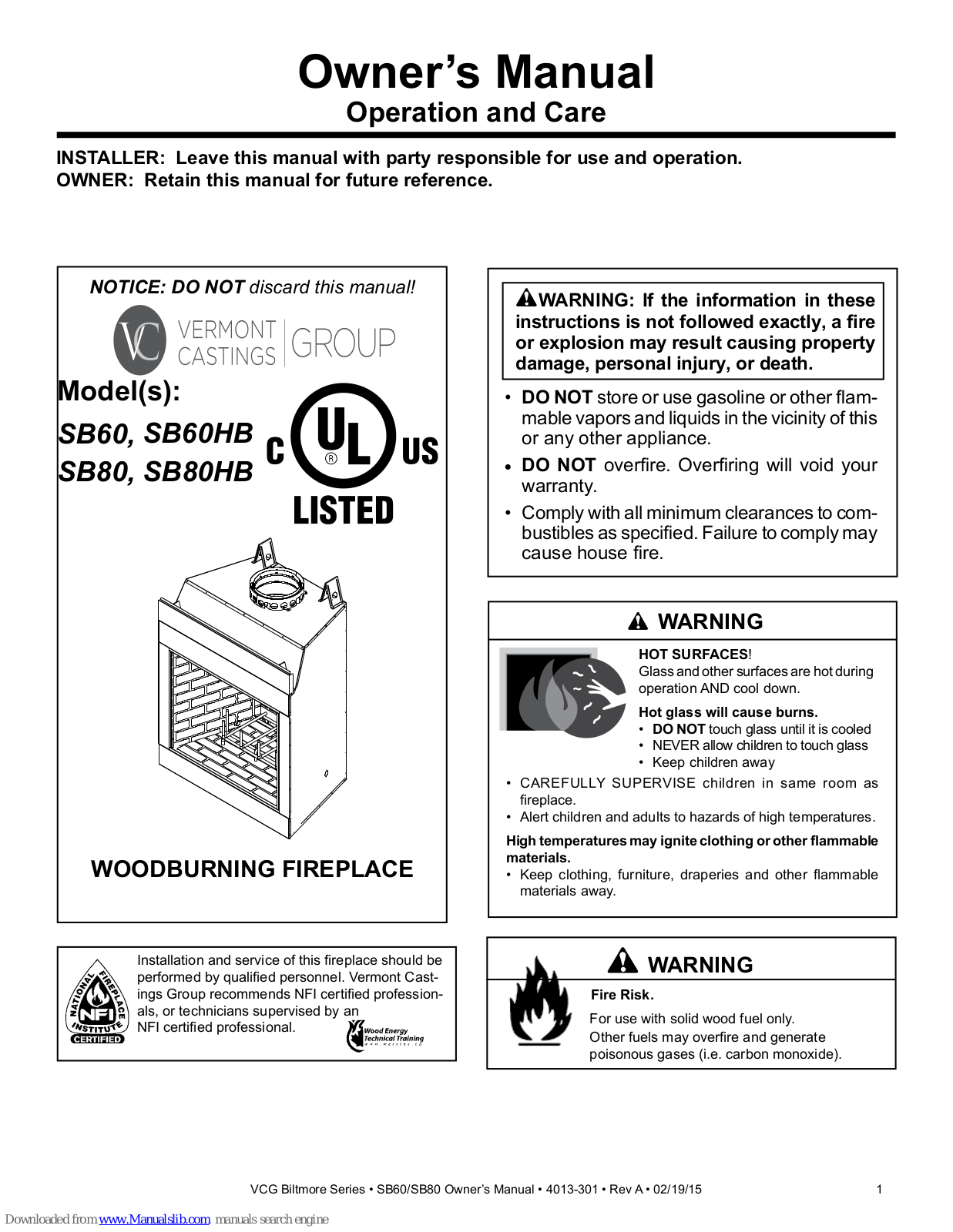 Vermont Castings SB60, SB60HB, SB80, SB80HB Owner's Manual