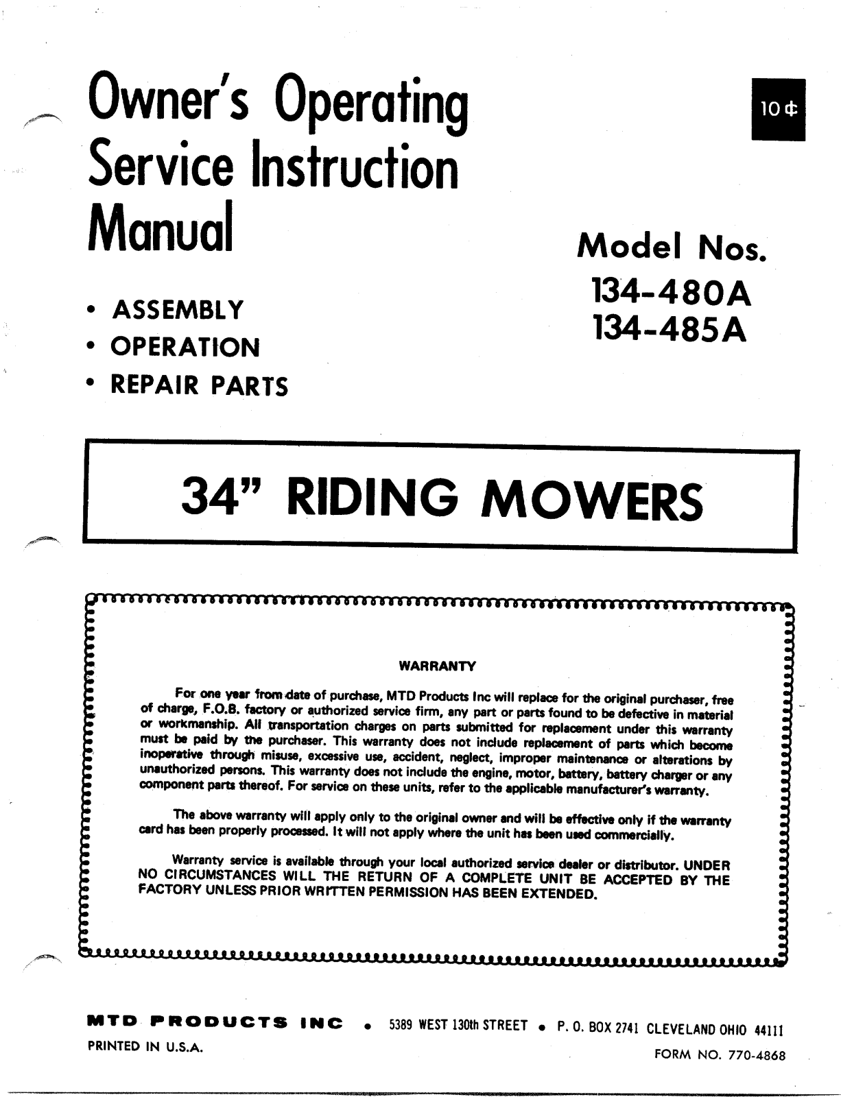 MTD 134-485A, 134-480A User Manual