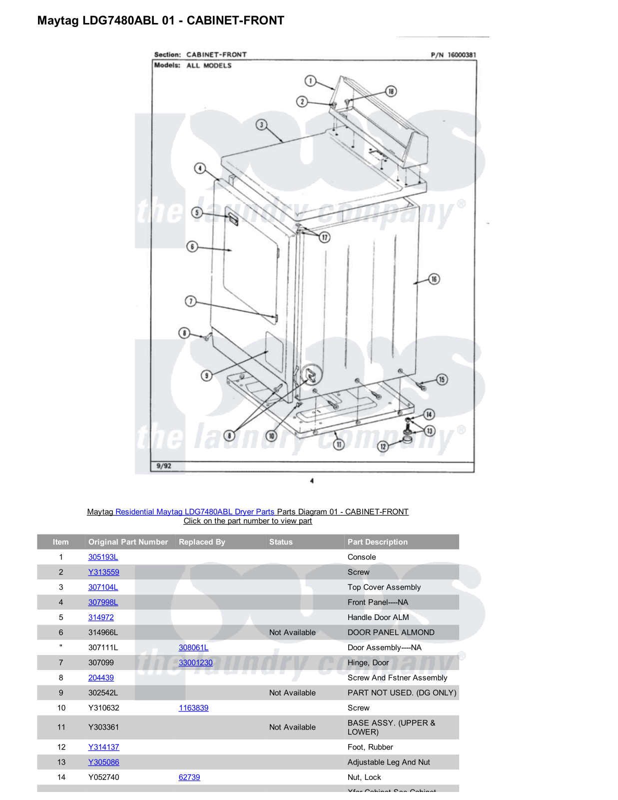 Maytag LDG7480ABL Parts Diagram