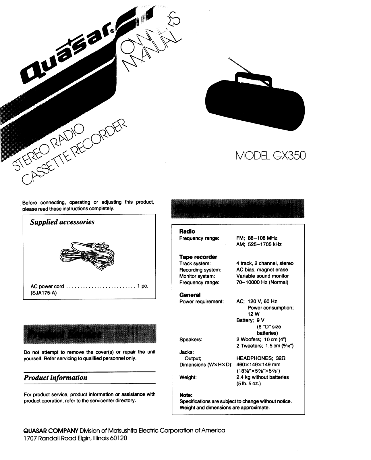 Panasonic gx-350 Operation Manual