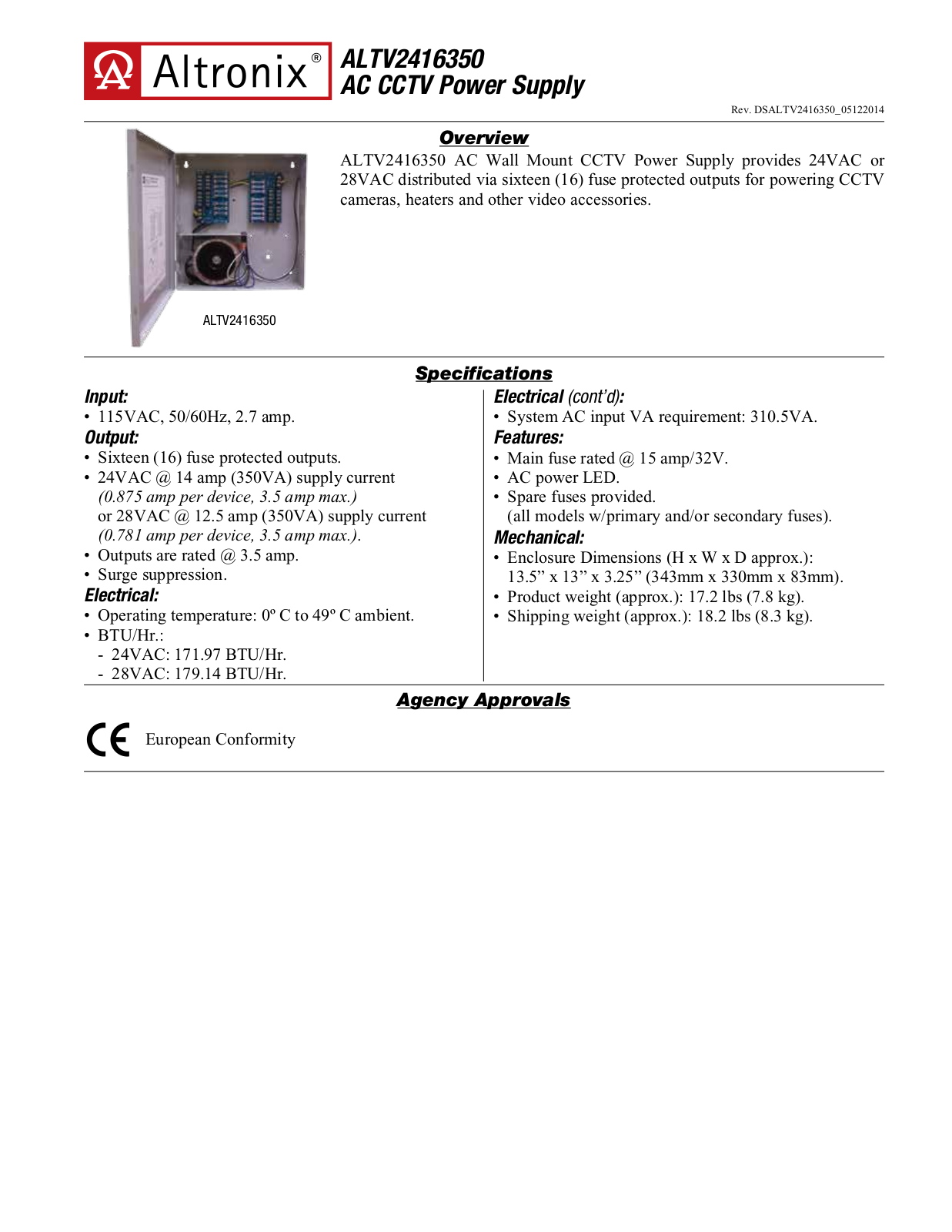 Altronix ALTV2416350 Specsheet