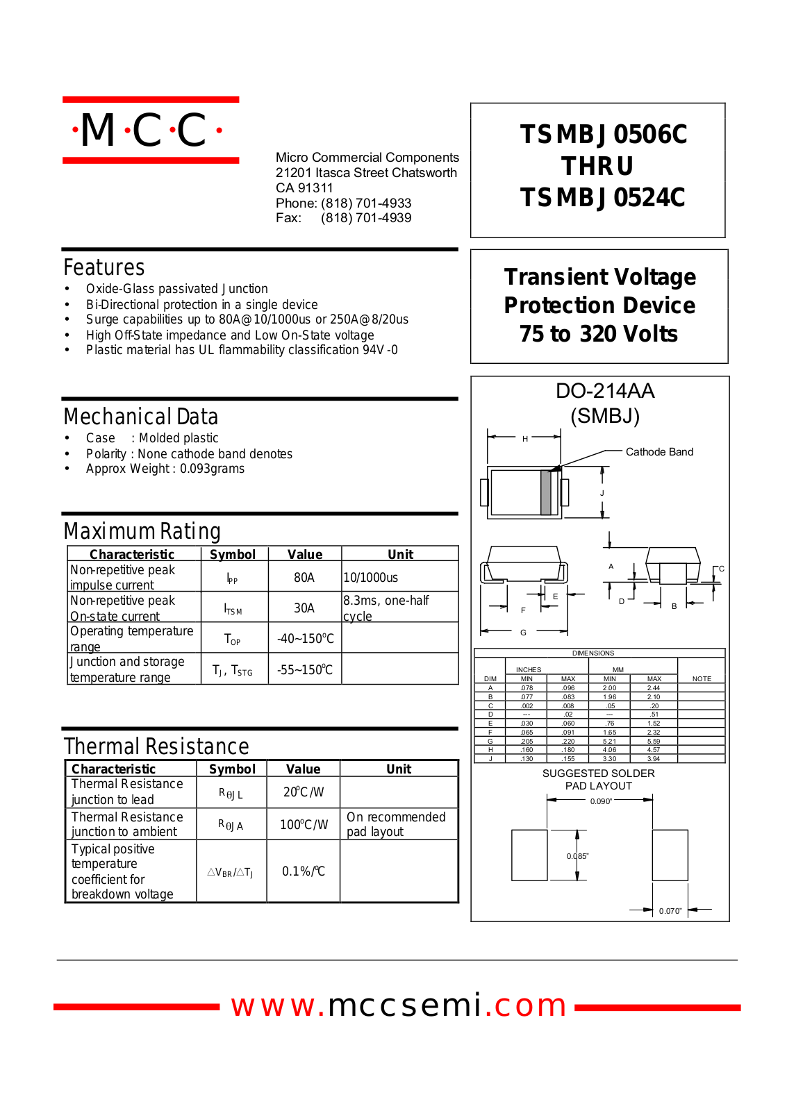 MCC TSMBJ0516C, TSMBJ0512C, TSMBJ0510C, TSMBJ0507C, TSMBJ0506C Datasheet