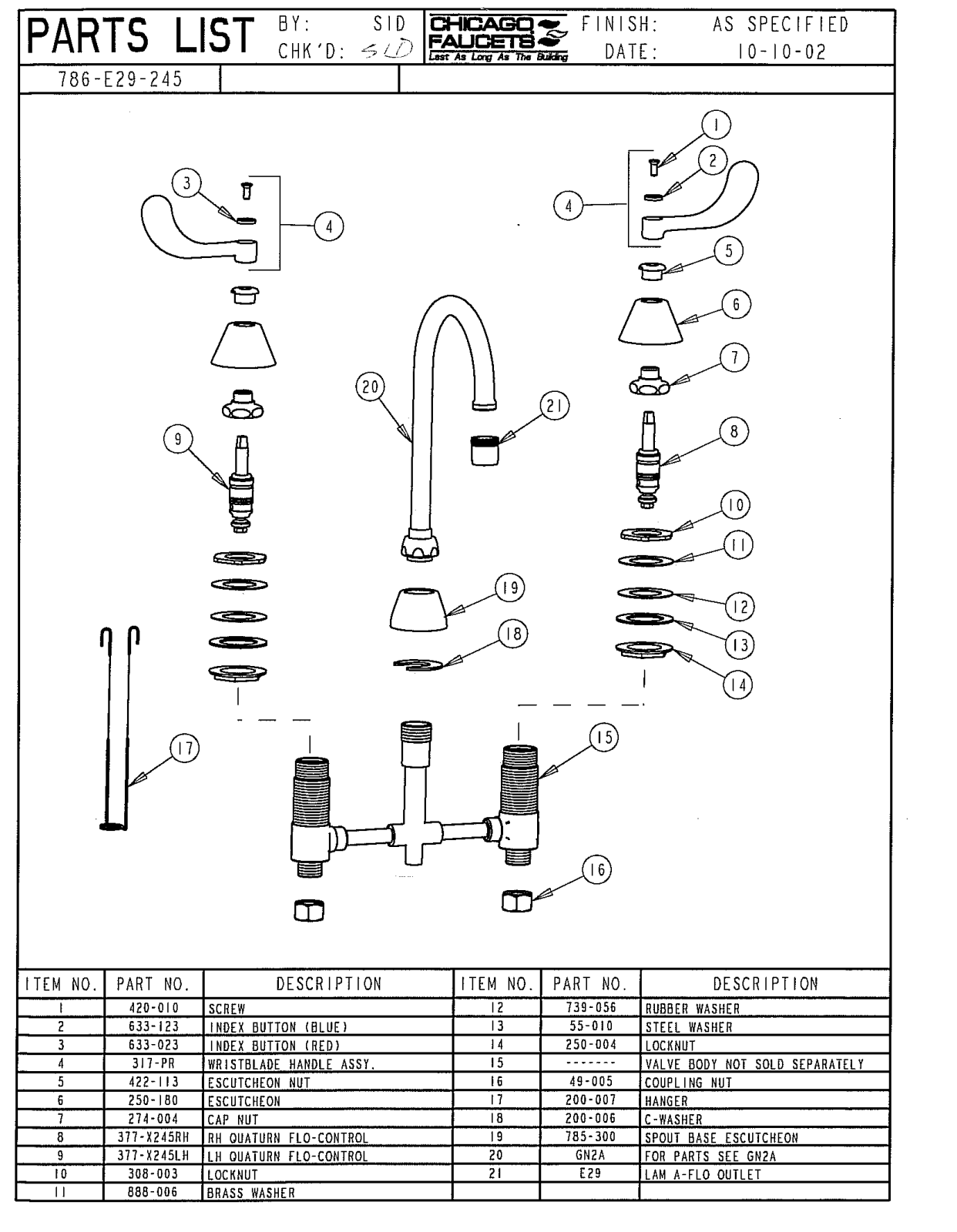 Chicago Faucet 786-E29-245 Parts List